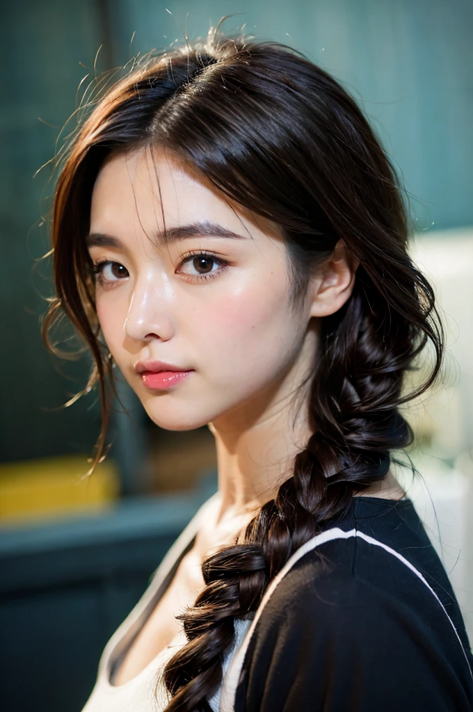 Korean woman sitting in a luxury hotel lobby drinking coffee、Photos of Lee Gahyeon。Window sunlight, Blue Hair, Dynamic pose, Skin Texture, Pale skin, Shiny skin, (slim, small:1.2), [:(Sharp focus on the face, Detailed face, Perfect Eyes, View your viewers:1.2):0.2], Realistic, Film Grain, 最high quality, masterpiece masterpiece, 最high quality, high quality, High resolution, curly hair in long braids､((White short dress))､((Face close-up)))