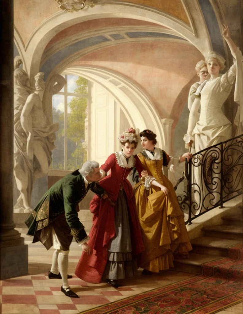 painting of a group of people in fancy clothing standing on a staircase, jehan georges vibert, by Emanuel Leutze, by Stanislas Lépine, by Carl Frederik von Breda, by Eugene von Guerard, by Emile Lahner, by Georg Friedrich Schmidt, by Eduard von Grützner, rococo art, 18th century art