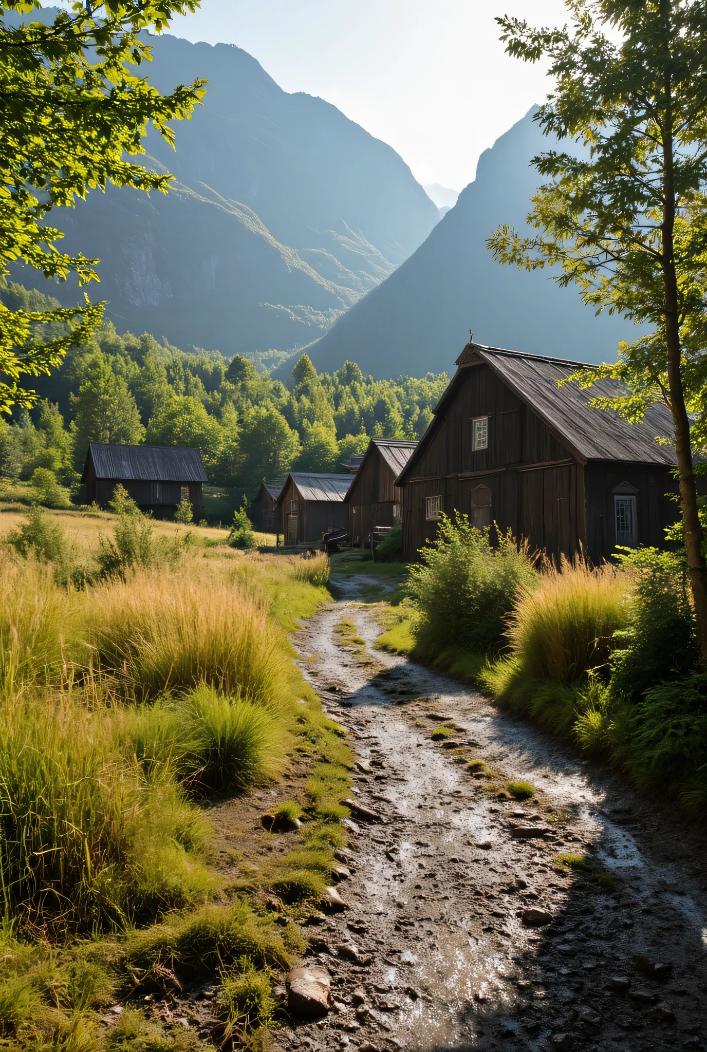 **Prompt:** ancient medieval era, Capture a stunning ultra-definition photograph that embodies the essence of a hyper-realistic crowdy Viking tribe village settlement nestled in a serene fjord. Viking traditional tribal housing. Muddy road, and Utilize a National Geographic documentary photography style to reveal the intricate beauty of this untouched natural landscape. Focus on the vibrant colors of the surrounding foliage, emphasizing the delicate textures of leaves and wheat fields swaying gently in the breeze. Create a dynamic interplay of light and shadow, incorporating a mixed lighting concept that brings depth and clarity to the scene. Aim for an award-winning composition that invites viewers to fully immerse themselves in the tranquil beauty of this unique environment, presenting the final image in pristine RAW format to showcase every detail of this extraordinary fjord nature life.