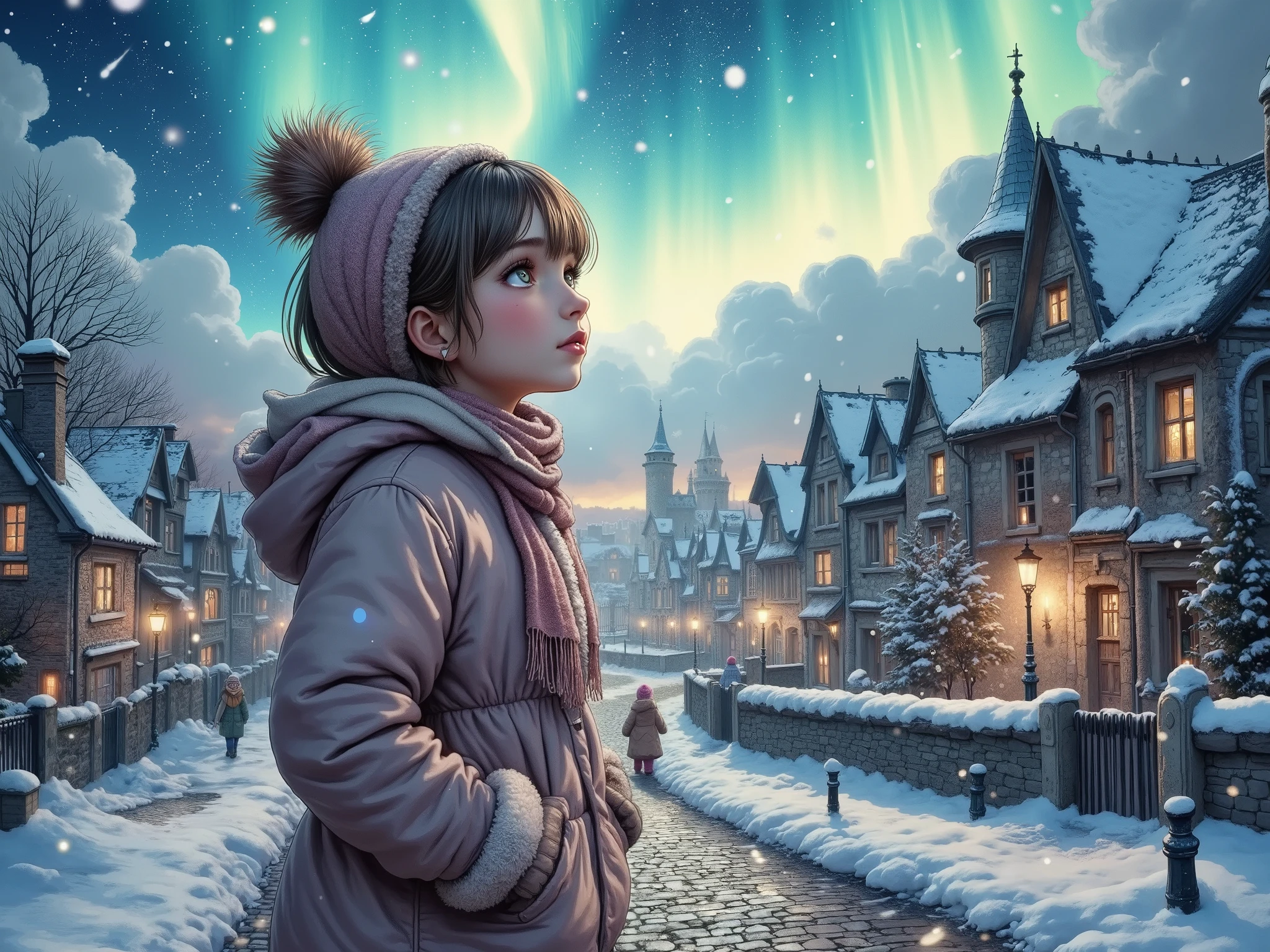 A realistic hyper-detailed painting of a young girl wrapped in a thick winter coat, scarf, and gloves, standing on a snowy cobblestone street, gazing up in awe at a mesmerizing aurora stretching across the night sky. The soft glow of the celestial lights reflects gently off her face, as she stands amidst snow-covered houses with warmly glowing windows. From a dramatic low-angle perspective, the scene captures the vastness of the sky above her, with distant castle towers fading into the mist. Soft snowflakes drift lazily through the air, while bokeh city lights add depth to the serene winter landscape. This cinematic, highly detailed artwork, inspired by Caspar David Friedrich, is rendered in hyperrealism with high texture detailing in stunning 8K resolution.