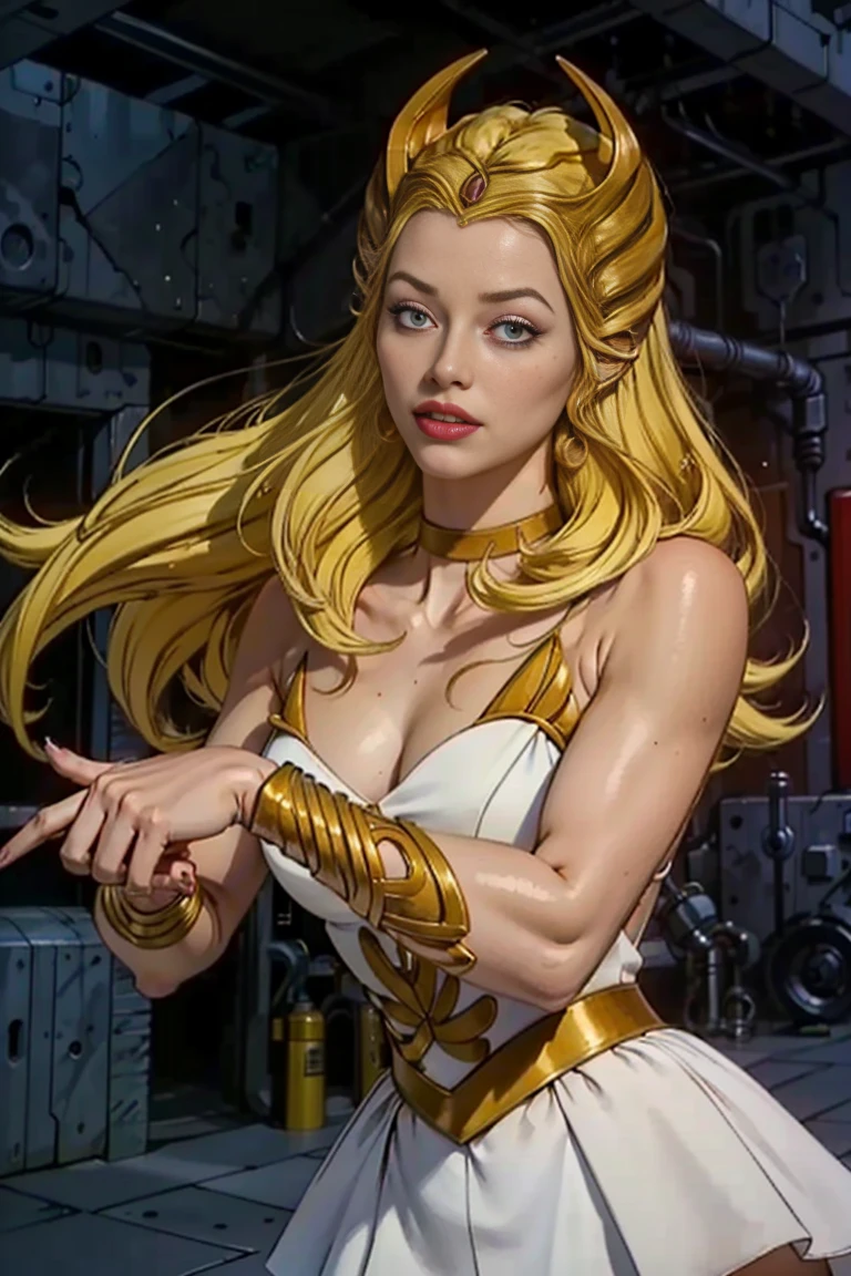 raw photo of a 1girl,
blonde, white dress, choker, she_ra, 
Dynamic pose,
smug smile,

tall , (muscular body:1.3), (femenine hands:1.3),

skindentation, narrow waist, thighs, wide hips, half eye close, eyeliner, eyelashes, perfect face, detailed eyes, facial lighting,

looking at viewer (masterpiece, high quality:1.2)