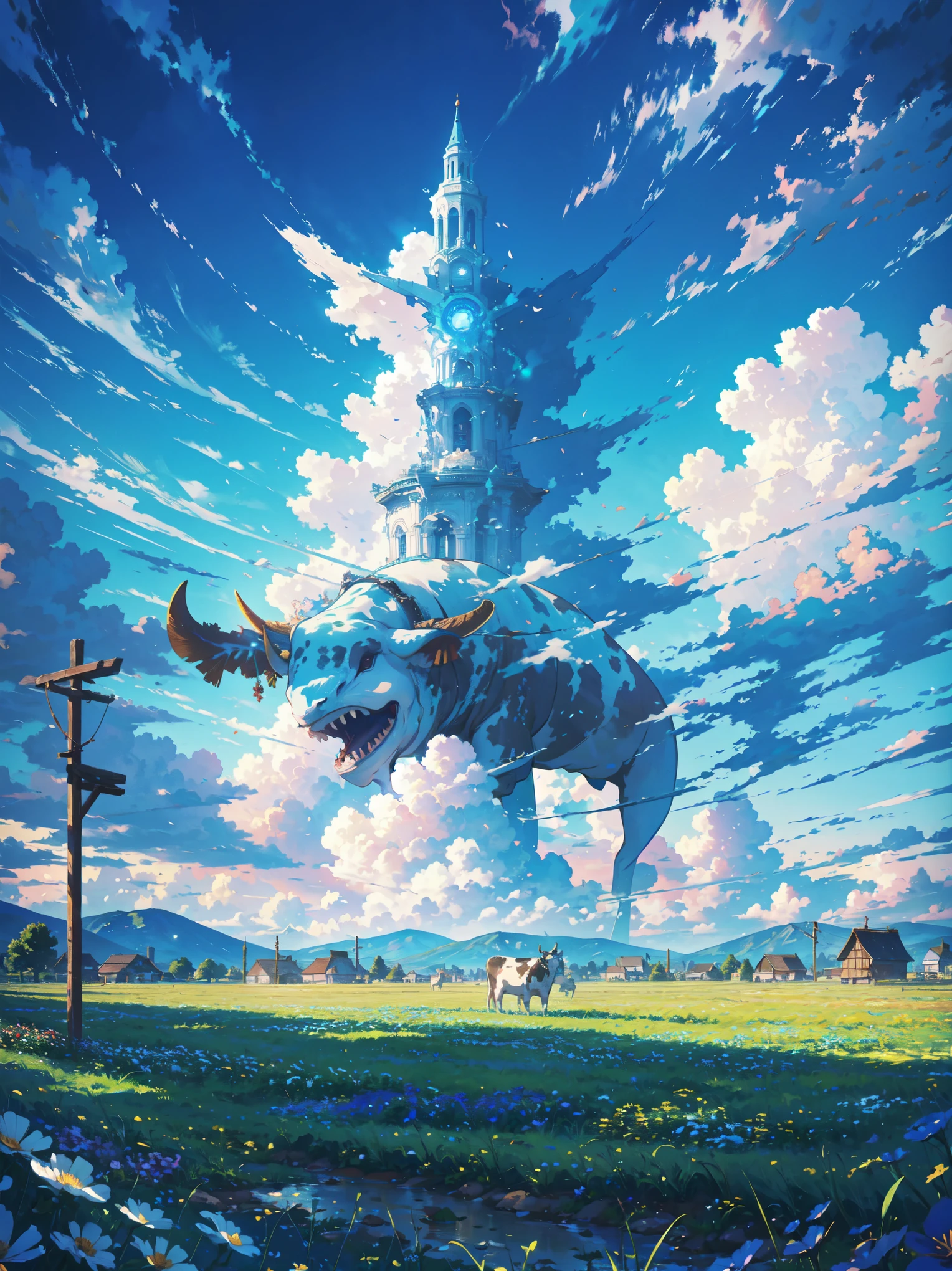 Dancing in the blue sky(Leviathan:1.1),vision,Calm day, Detailed Clouds , Field, Grazing Cows , flower, Far Away Homes , fence, wood, is nice
