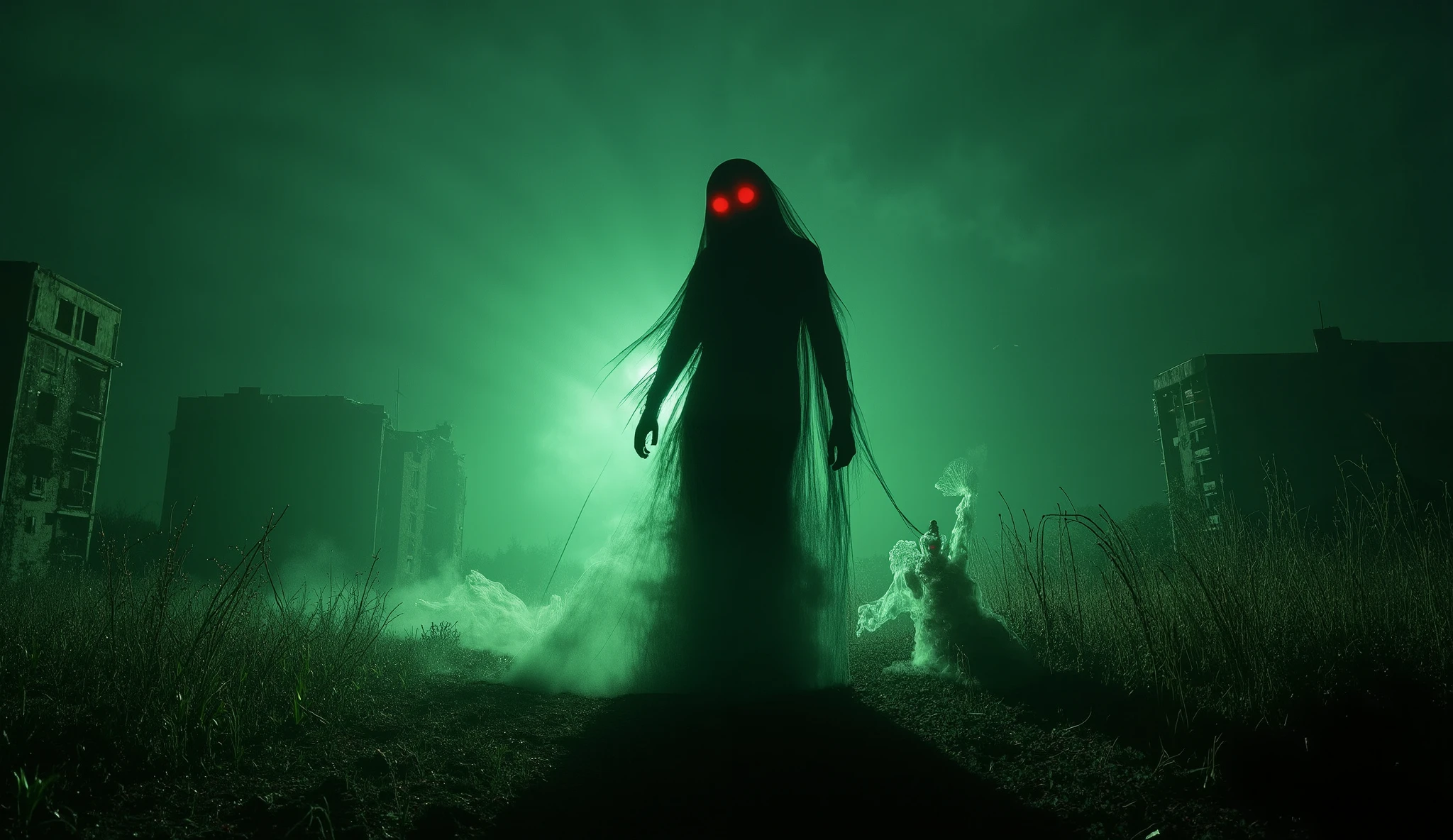 "A chilling nighttime scene set in a desolate urban lot, overgrown with weeds and bathed in a faint, eerie green glow. At the center, a shadowy figure looms—tall and menacing, its humanoid form distorted and shrouded in flowing black mist. Its glowing red eyes pierce through the darkness, exuding an aura of malevolence. Surrounding the figure, faint ghostly apparitions of women, ren, and men emerge from the ground, their translucent forms writhing in silent agony. Whisper-like tendrils of smoke curl upward, creating an unsettling atmosphere. In the background, the faint outlines of dilapidated buildings loom under a dark, cloudy sky. The scene is illuminated by a single flickering streetlamp, casting long, jagged shadows. Keywords: Ultra HDR, 3D intricate details, vibrant colors with muted tones, cinematic lighting, dramatic contrast, haunting atmosphere, hyperrealistic horror, supernatural energy."