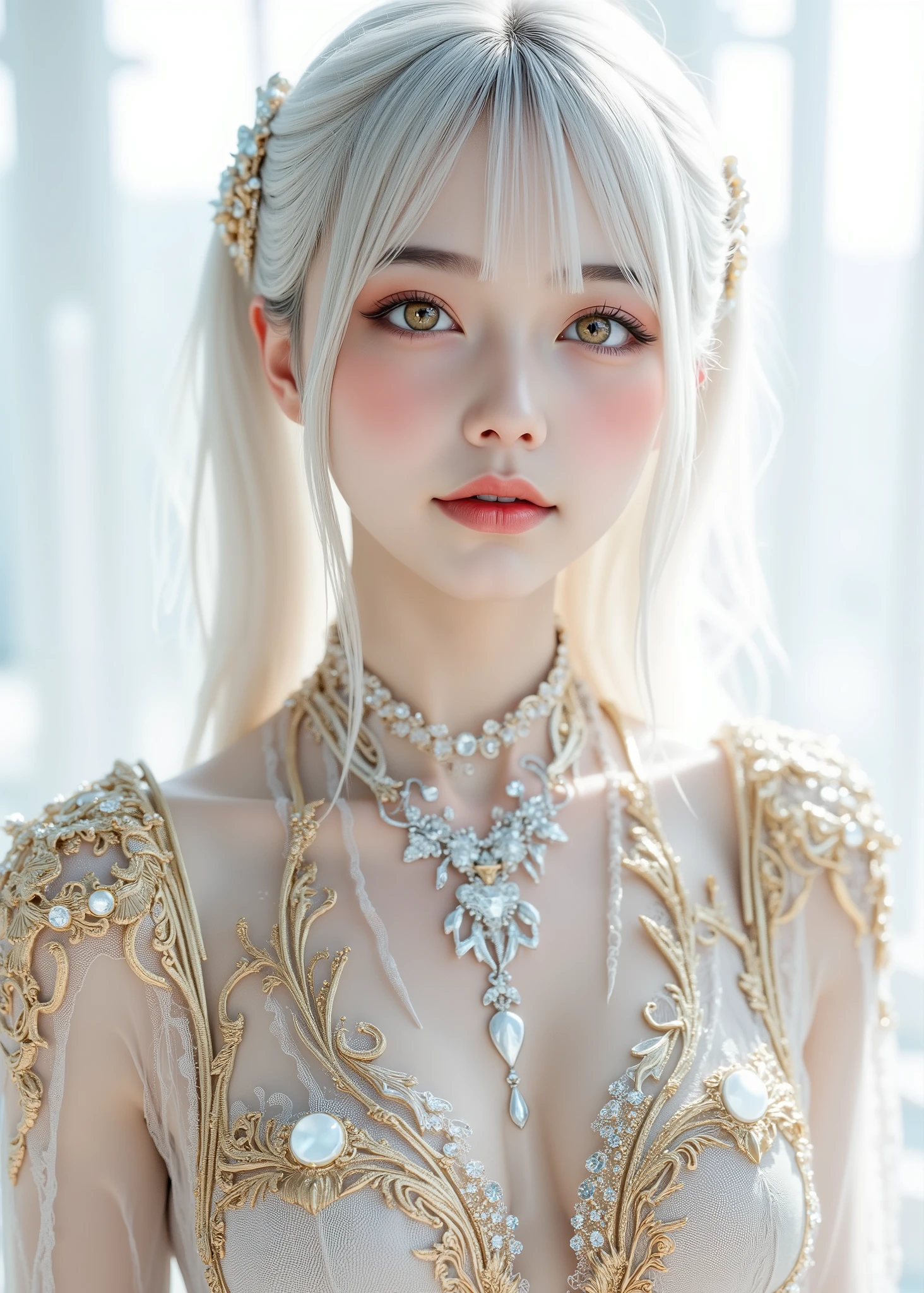 ( full body photo:1.5), white variant girl 、 sparkling eyes and hair 、 platinum jewels , futuristic digital , Realistic sci-fi , light on the side, goldsmithing filigree, diamonds , Mysterious, Foggy, holographic, white sky on the background , glitter