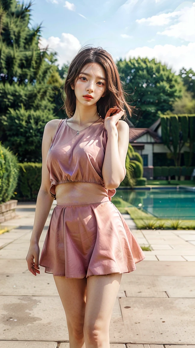 (Canon RF85mm f/1.2,best quality,HDR,Realisticity:1.4,(realistic light and shadow):1.5,Cinematic Lighting),(1 girl,korean mixed,kpop idol:1.2,beautiful long_Slender_legs),(hair bun),(lipstick,pink lips,pink_shiny_lips,pink_eyeshadow,eyelashes,powder_blusher,make-up),(white_shiny_skin,black eyes,Pore,skin texture,shiny),(necklace,earrings,bracelet,floral_tattoo on arm),big breasts,smile,dynamic angle,Dynamic pose,((suave, A tropical island with crystal clear waters and colorful coral reefs, Vincent van Gogh, Abstract)),((Lace-trimmed camisole blouse with delicate spaghetti straps)),