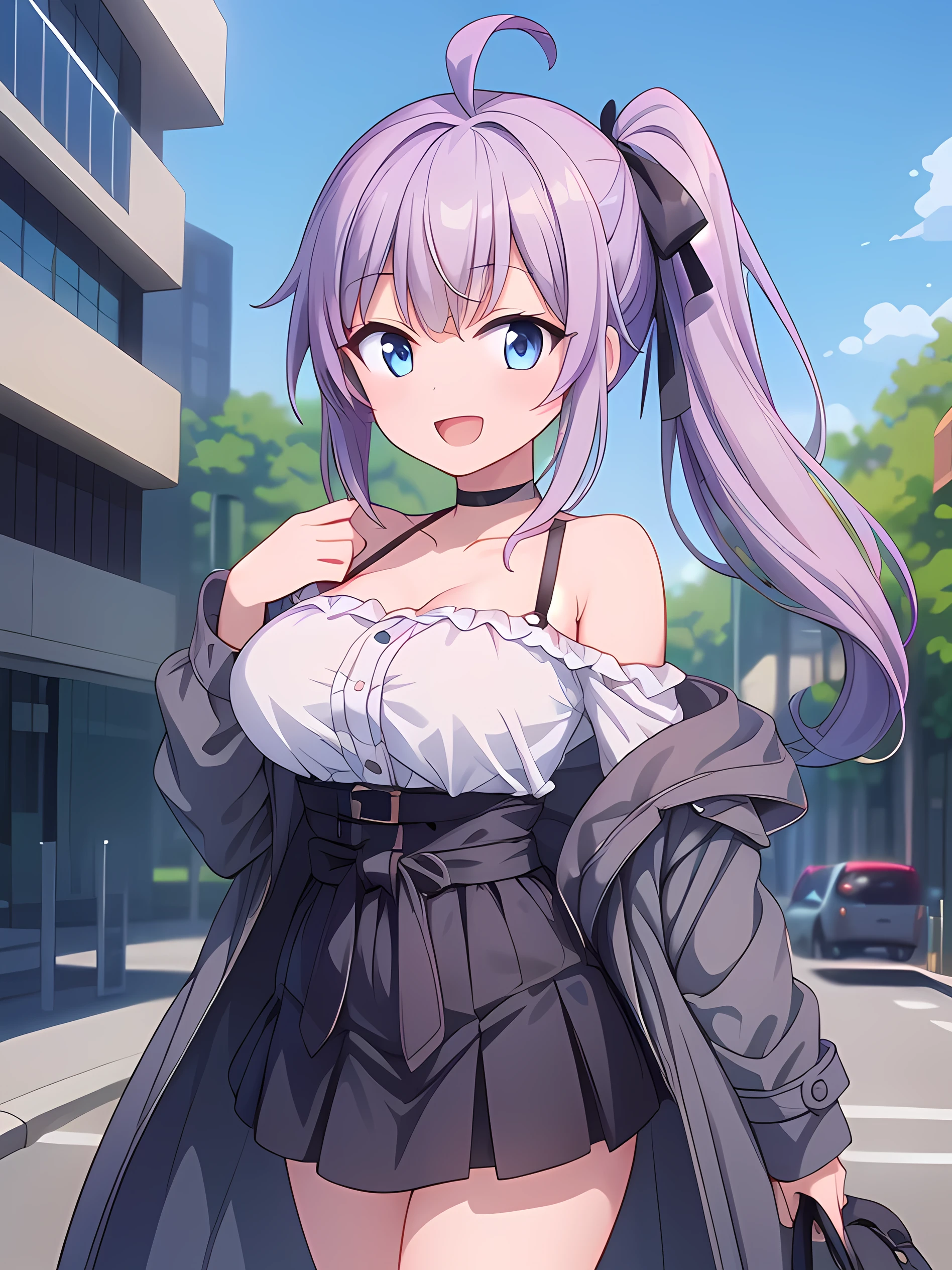 Keqing, solo, night time, moonlight, city street setting, (Anime illustration), ((detailed shadows)), (detailed lighting), (detailed buildings), detailed eyes. (dramatic chiaroscuro), ((Masterpiece)), ((perfect detailed hands)), ((intricate detail)), (flowing hair), purple hair, long hair, curly hair, ((detailed hair)), (((smooth skin))), HD wallpaper, UHD image, (white oversized_off_shoulder sweater:1.2, (detailed sweater), (bare shoulder), (cleavage), (black pleaded skirt:1.2), carrying purse, smiling, perfect fingers, (bare legs:1.2), standing