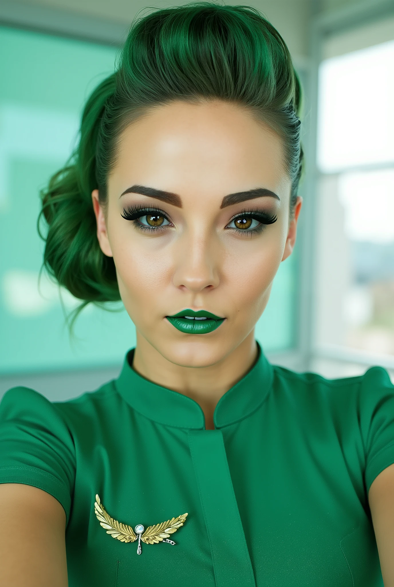 stewardess in uniform. green hair tied in a bun. very long eyelashes. green lipstick big blue eyes.bright studio light