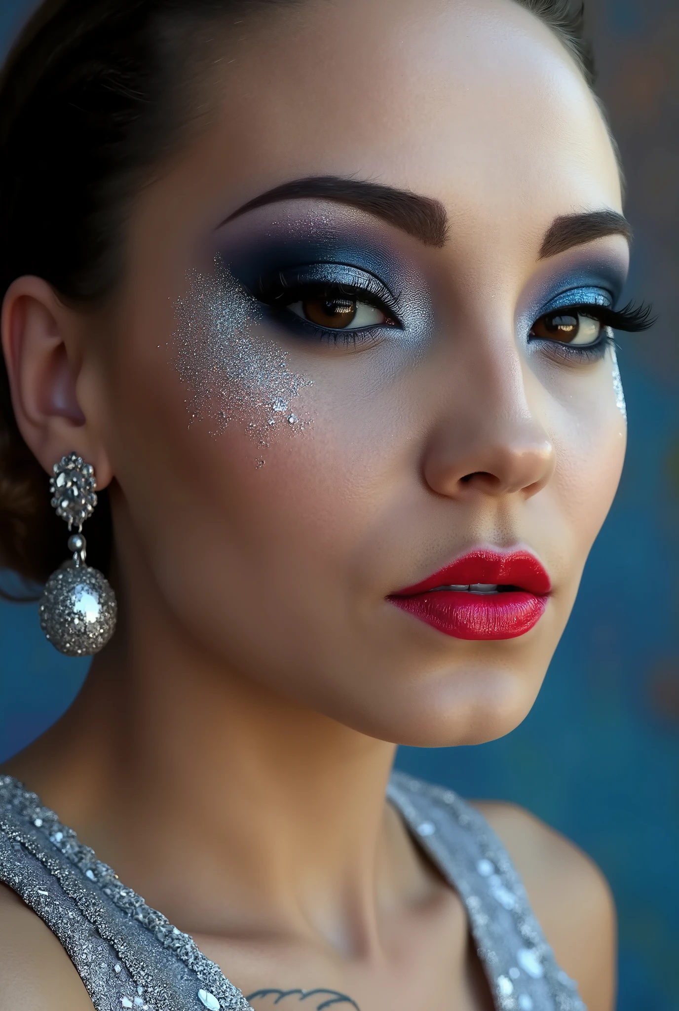 close-up a fantastic myth beautiful drag-queen, whose face is made up luxury fantastic style, details chubby face beautiful and graceful and dazzling with flawless bold makeup (holographic glossy red thick full lips, dark blue eyeballs, holographic blue shimmer eyeshadow, shimmer holographic glittering smooth shading, blush-on), standing, wearing fantastic gown, hyperdetailed, hypperrealistic, HD