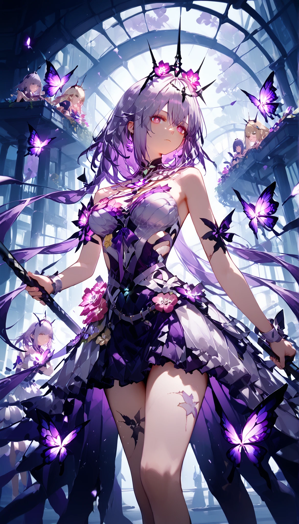 Honkai: Star Rail Melody Muze, holding the Grim Reaper's scythe in his hand, cuts the sky open, a group of purple butterflies fly out, and there are many flowers burnt by fire on the ground