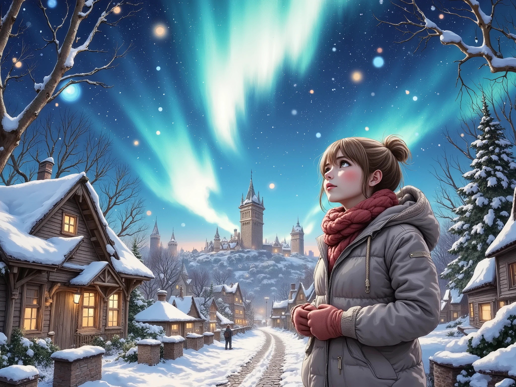 A realistic hyper-detailed painting of a girl wrapped in a thick winter coat, scarf, and gloves, standing on a snowy cobblestone street, gazing up in awe at a mesmerizing aurora stretching across the night sky. The soft glow of the celestial lights reflects gently off her face, as she stands amidst snow-covered houses with warmly glowing windows. From a dramatic low-angle perspective, the scene captures the vastness of the sky above her, from her near Underboob ground shot extreme close up,with distant castle towers fading into the mist. Soft snowflakes drift lazily through the air, while bokeh city lights add depth to the serene winter landscape. This cinematic, highly detailed artwork, inspired by Caspar David Friedrich, is rendered in hyperrealism with high texture detailing in stunning 8K resolution.