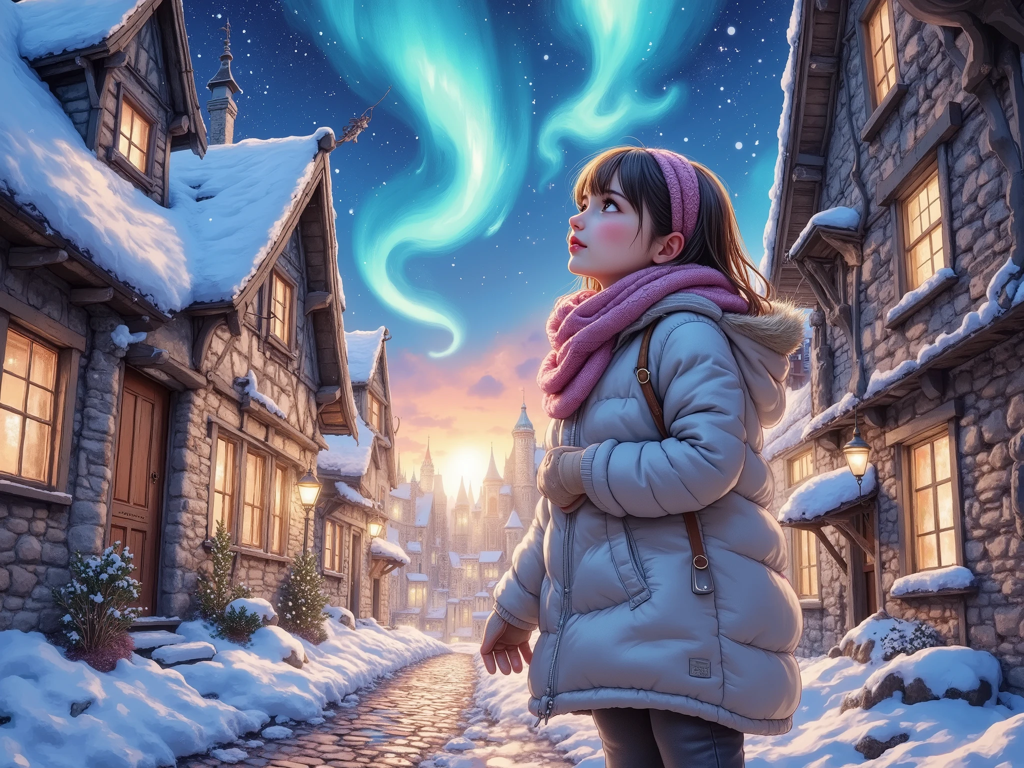 A realistic hyper-detailed painting of a girl wrapped in a thick winter coat, scarf, and gloves, standing on a snowy cobblestone street, gazing up in awe at a mesmerizing aurora stretching across the night sky. The soft glow of the celestial lights reflects gently off her face, as she stands amidst snow-covered houses with warmly glowing windows. From a dramatic low-angle perspective, the scene captures the vastness of the sky above her, from her near Underboob ground shot extreme close up,with distant castle towers fading into the mist. Soft snowflakes drift lazily through the air, while bokeh city lights add depth to the serene winter landscape. This cinematic, highly detailed artwork, inspired by Caspar David Friedrich, is rendered in hyperrealism with high texture detailing in stunning 8K resolution.