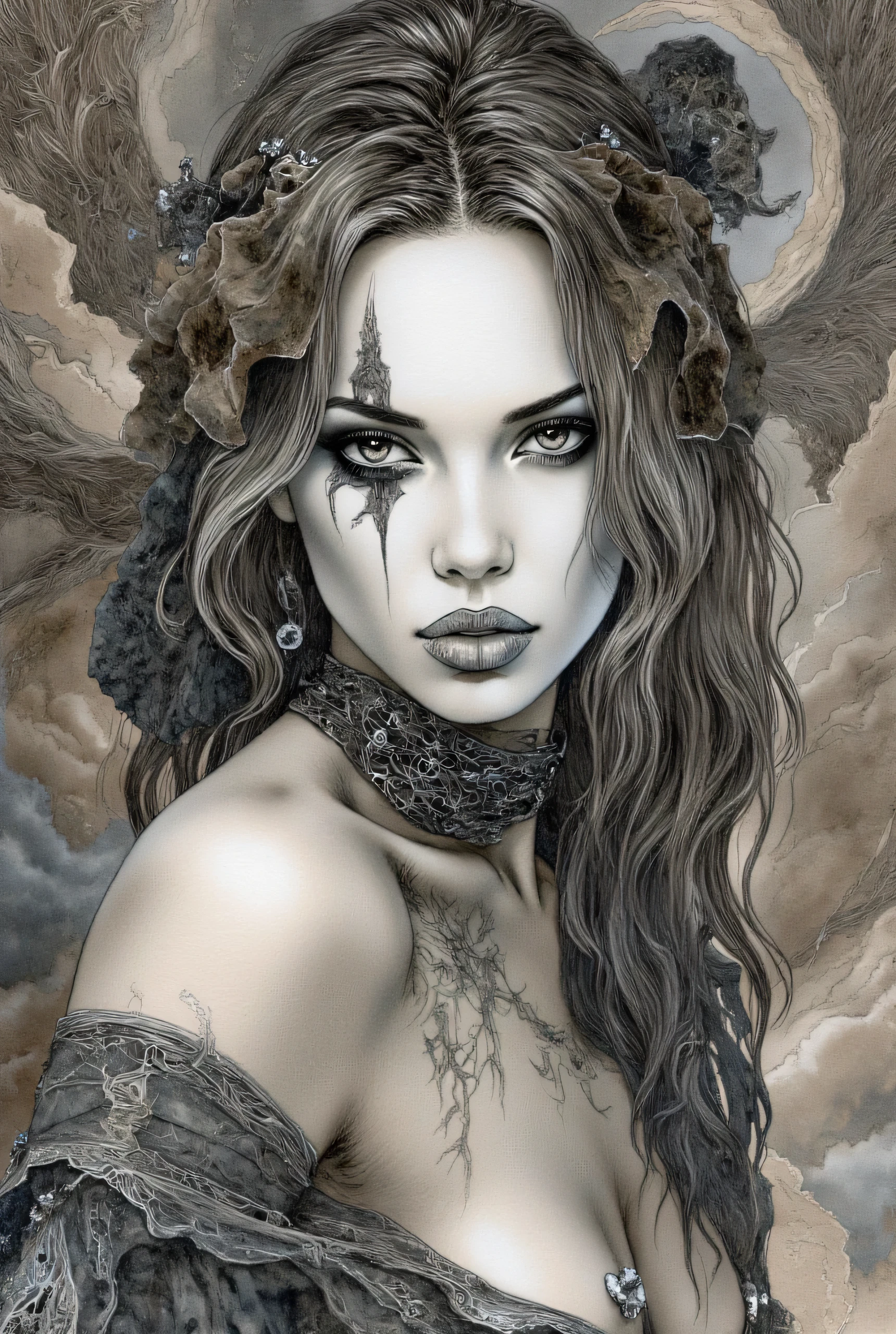 Develop a highly detailed graphite pencil close portrait of a beautiful woman, style as a Luis Royo, fantasy, gothic, sci-fi, thriving physique