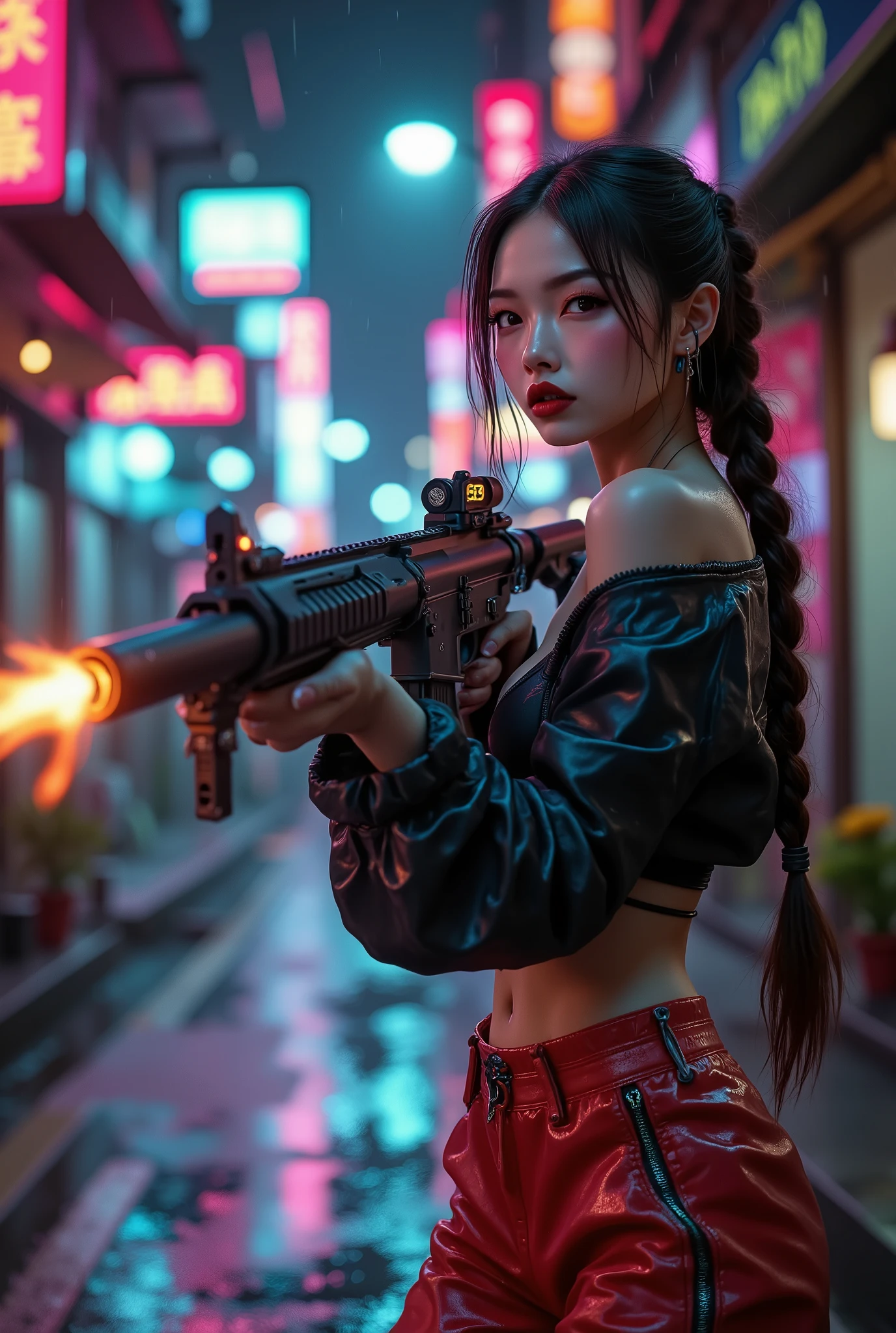  [Style: "Photorealistic, cinematic, cyberpunk"] (Key Directive: "Prioritize anatomical accuracy and material textures") { Character: "20-year-old Caucasian woman" | Face: "symmetrical, pale skin, full lips, red lipstick:1.15" | Eyes: "brown irises (hyper-detailed pupils:1.2), blue false lashes:1.18" | Hair: "heban waist-length braid (neon light reflections:0.7)" | Pose: "dynamic walking stance, hips slightly tilted, machine gun gripped mid-action" Attire: [Top: "black leather crop top (wrinkled texture, sweat sheen:0.6)"] [Bottom: "red leather pants (lace-up sides, knee reinforcements)"] Weapon: "Custom M16A4 (StatTrak™ module)" | M16A4 side Engraving : "Japanese dragon (red/blue paint:1.43, glowing eyes:0.6)" | (Display: "side-mounted counter (red LED '589')):1.22" | Attachments: - "(Underbarrel flamethrower aim, shoot (active, orange/blue flames:0.8, white/yellow flaslsh:0.85))" - " - "Green laser sight (beam visible in airborne dust)" Environment: "Tokyo backstreet at night (rain-slick asphalt, neon signage in Japanese)" | Lighting: - "Cinematic neon wash (pink/cyan dominance)" - "Muzzle flash from rifle (temporarily illuminates face)" - "Rim light from streetlamps:0.8" Technical Specs: (DOF: "shallow, f/1.8, blurred crowd in background") (Post-Processing: "motion blur on swinging braid, chromatic aberration:0.5") (Render Engine: "Unreal Engine 5 path tracing, 16K texture maps") }