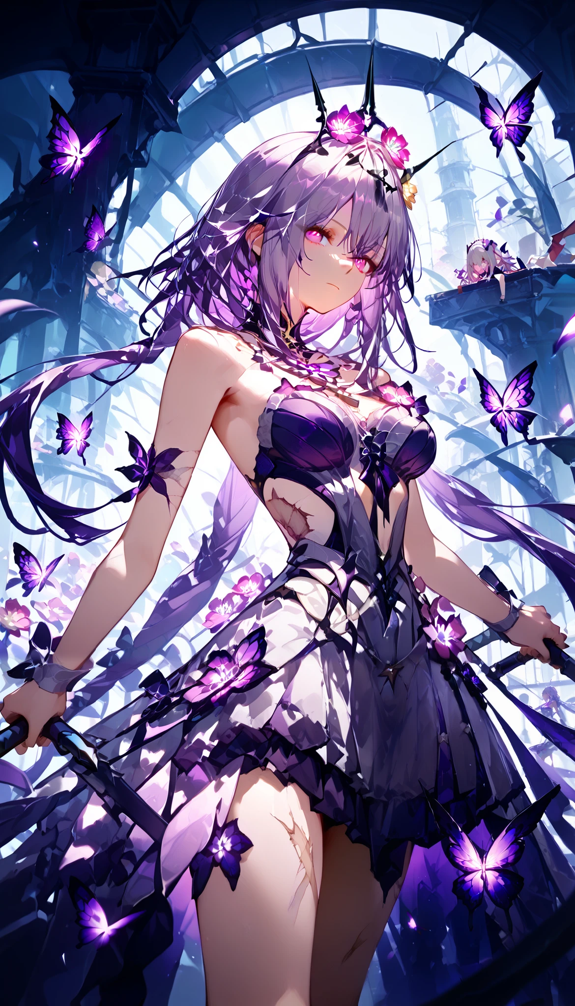 Honkai: Star Rail Melody Muze, holding the Grim Reaper's scythe in his hand, cuts the sky open, a group of purple butterflies fly out, and there are many flowers burnt by fire on the ground