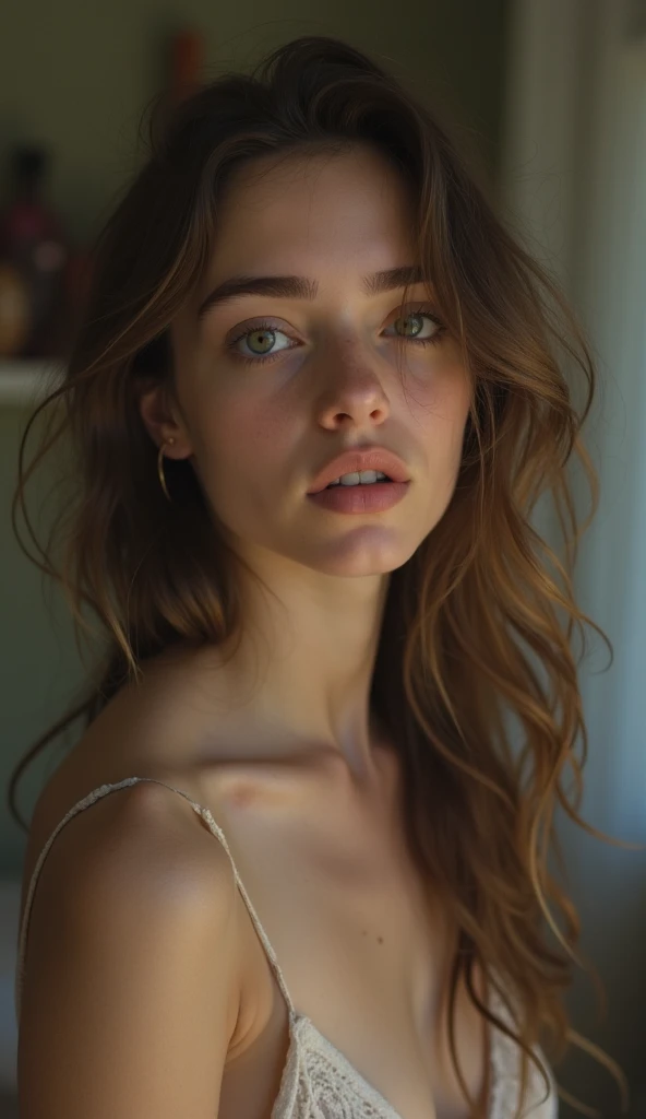 (((ultra realistic))) Photo, masterpiece, top quality, (pale skin), (ultra detailed face and eyes:1.3), 1 girl, adult, in a T-shirt, whole body, (Eye makeup, mascara) , ((large detailed lips)), ((ash wavy hair)), ((bangs)) , (natural breasts), thin waist. ((posing)), photoshoot, Studio (soft lighting), (The play of light and shadows), depth of field, hips, (special attention to leather details: 1.2), detailed skin texture, skin pores. (Airy atmosphere of the frame. The color scheme is delicate., Bright, WHITE, Pink tones), DR, ((granularity)), ((rays)), ((Bright солнечный свет)), ((waist-length portrait, close to the camera)) , Ultra detailed, 