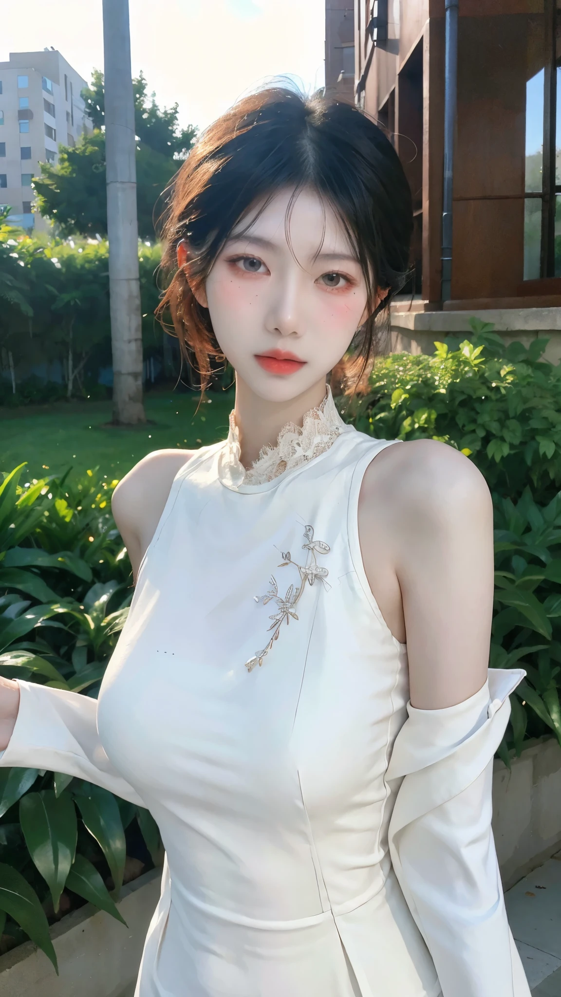 ((masterpiece、best quality))、shape、super detailed、8k、actual、sharp focus、Very detailed、professional lighting、spotlight、Colorful details、Detailed texture,A stunningly beautiful girl,Wearing a transparent cheongsam,(most suitable hairstyle:1.4)、(in the most helpful way:1.3)、(Half-length photo:1.4)、big breasts、perfect style、Body、18 years old、Smile、