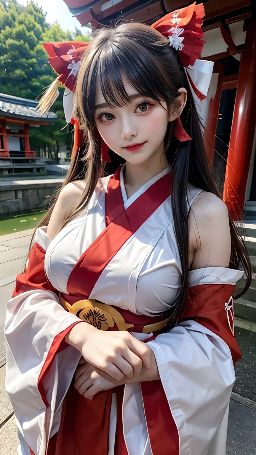 15 years old、woman、whole body、Evil Smiley Face, Red eyes, Iris, shrine、Small breasts、White Floral Shrine Maiden、Have a smartphone