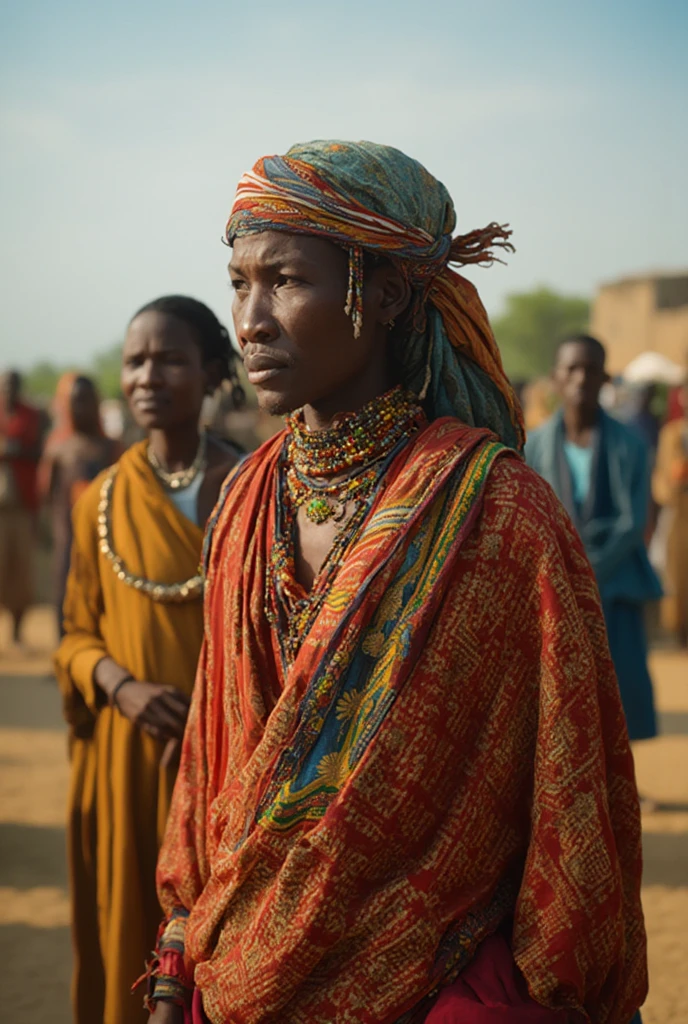 Un homme noir robuste tenant le drapeau du Niger dans une foule immense