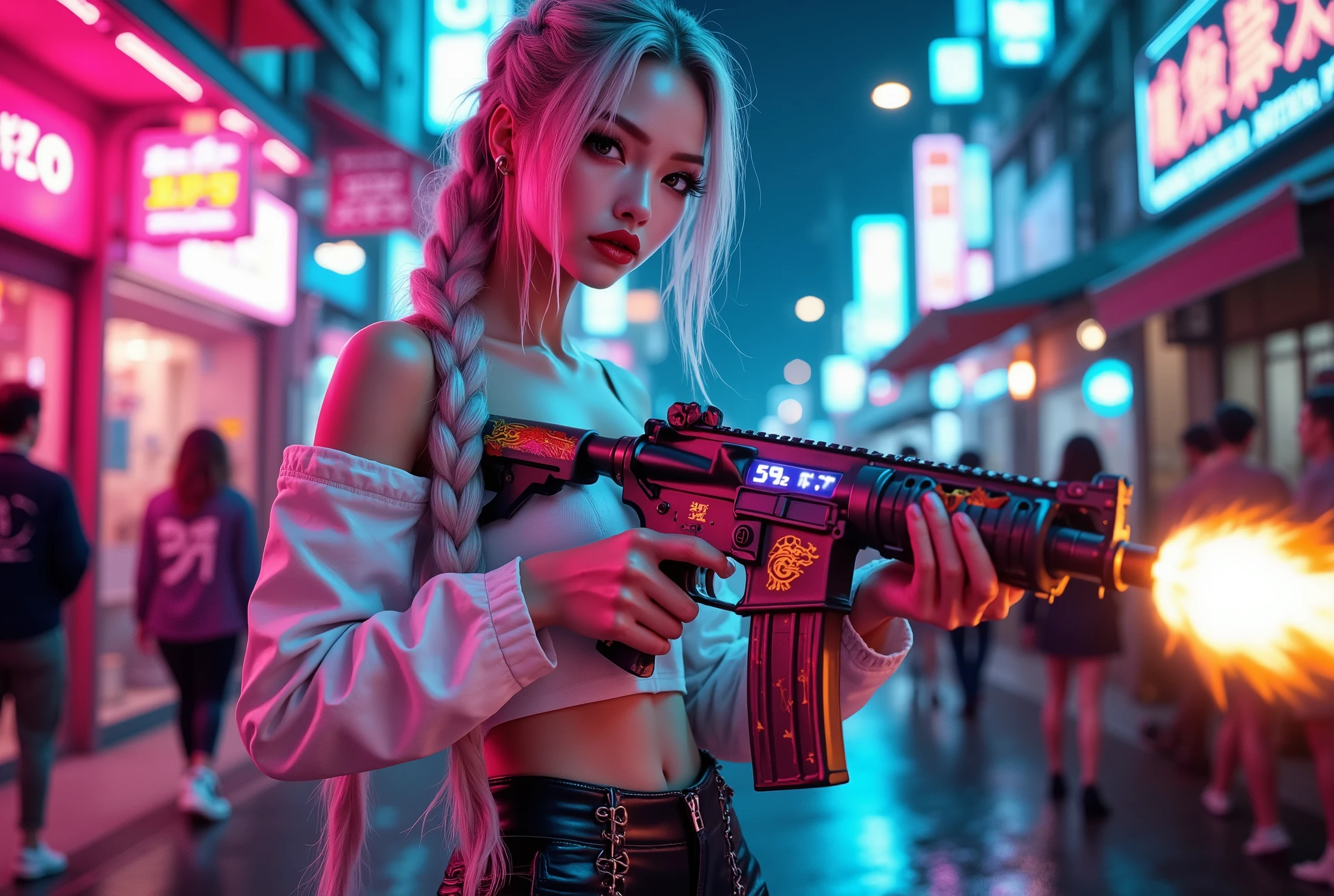  [Style: "Photorealistic, cinematic, cyberpunk"] (Key Directive: "Prioritize anatomical accuracy and material textures") { Character: "20-year-old Caucasian woman" | Face: "symmetrical, pale skin, full lips, red lipstick:1.15" | Eyes: "brown irises (hyper-detailed pupils:1.2), blue false lashes:1.18" | Hair: "white waist-length braid (neon light reflections:0.8)" | Pose: "dynamic walking stance, hips slightly tilted, machine gun gripped mid-action" Attire: [Top: "white leather crop top (wrinkled texture, sweat sheen:0.6)"] [Bottom: "black leather pants (lace-up sides, knee reinforcements)"] Weapon: "Custom M16A4 (StatTrak™ module)" | M16A4 side Engraving : "Japanese dragon (red/gold paint:1.3, glowing eyes:0.9)" | (Display: "side-mounted counter (red LED '589'))" | Attachments: - "(Underbarrel flamethrower aim, shoot (active, orange/blue flames:0.9, white/yellow flash:0.9))" - " - "Green laser sight (beam visible in airborne dust)" Environment: "Tokyo backstreet at night (rain-slick asphalt, neon signage in Japanese)" | Lighting: - "Cinematic neon wash (pink/cyan dominance)" - "Muzzle flash from rifle (temporarily illuminates face)" - "Rim light from streetlamps:0.7" Technical Specs: (DOF: "shallow, f/1.8, blurred crowd in background") (Post-Processing: "motion blur on swinging braid, chromatic aberration:0.5") (Render Engine: "Unreal Engine 5 path tracing, 16K texture maps") }
