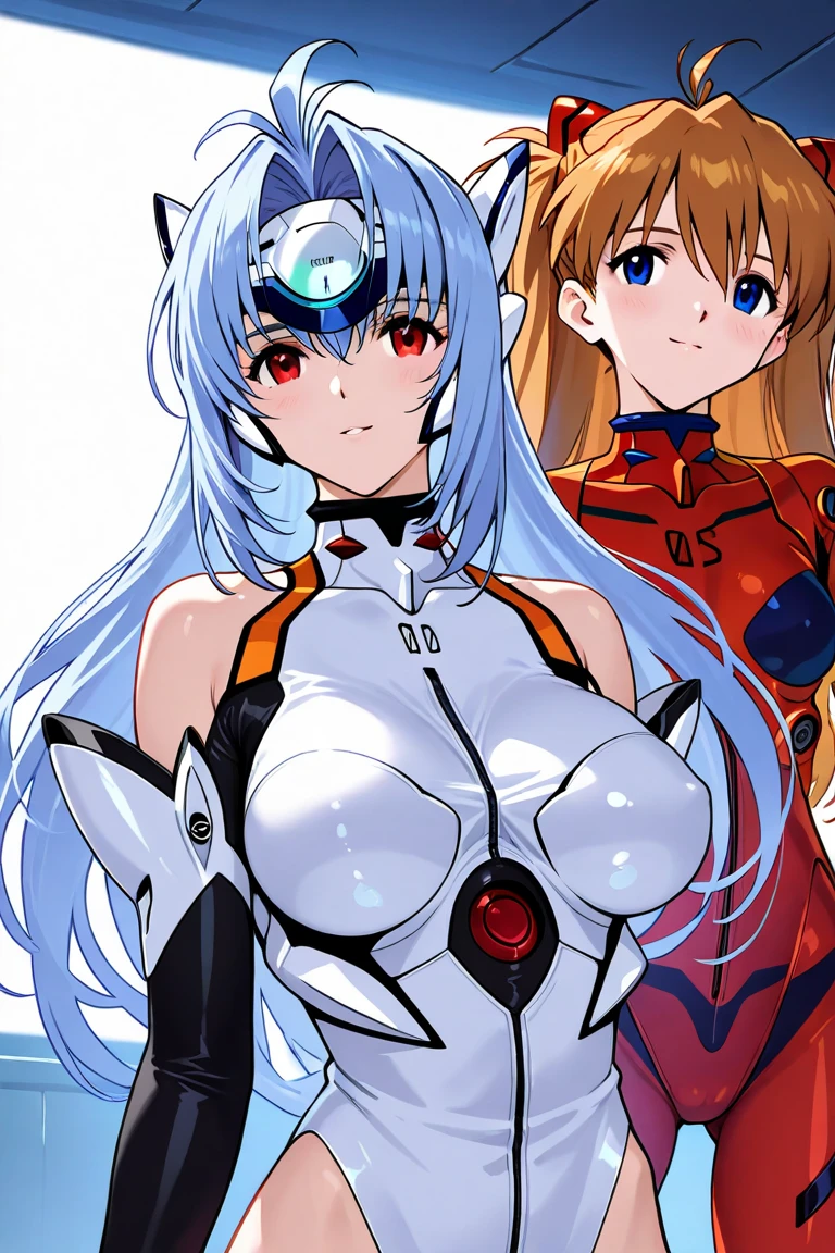 Two Girls, Ayanami Rei, Red eyes, pregnant, short hair, Long Hair, black plugsuit, Big Tits, white plugsuit, Big Breasts, Hair between the eyes, View your viewers, Blue Hair, Mouth open, bangs, From above, medium quality, slow,