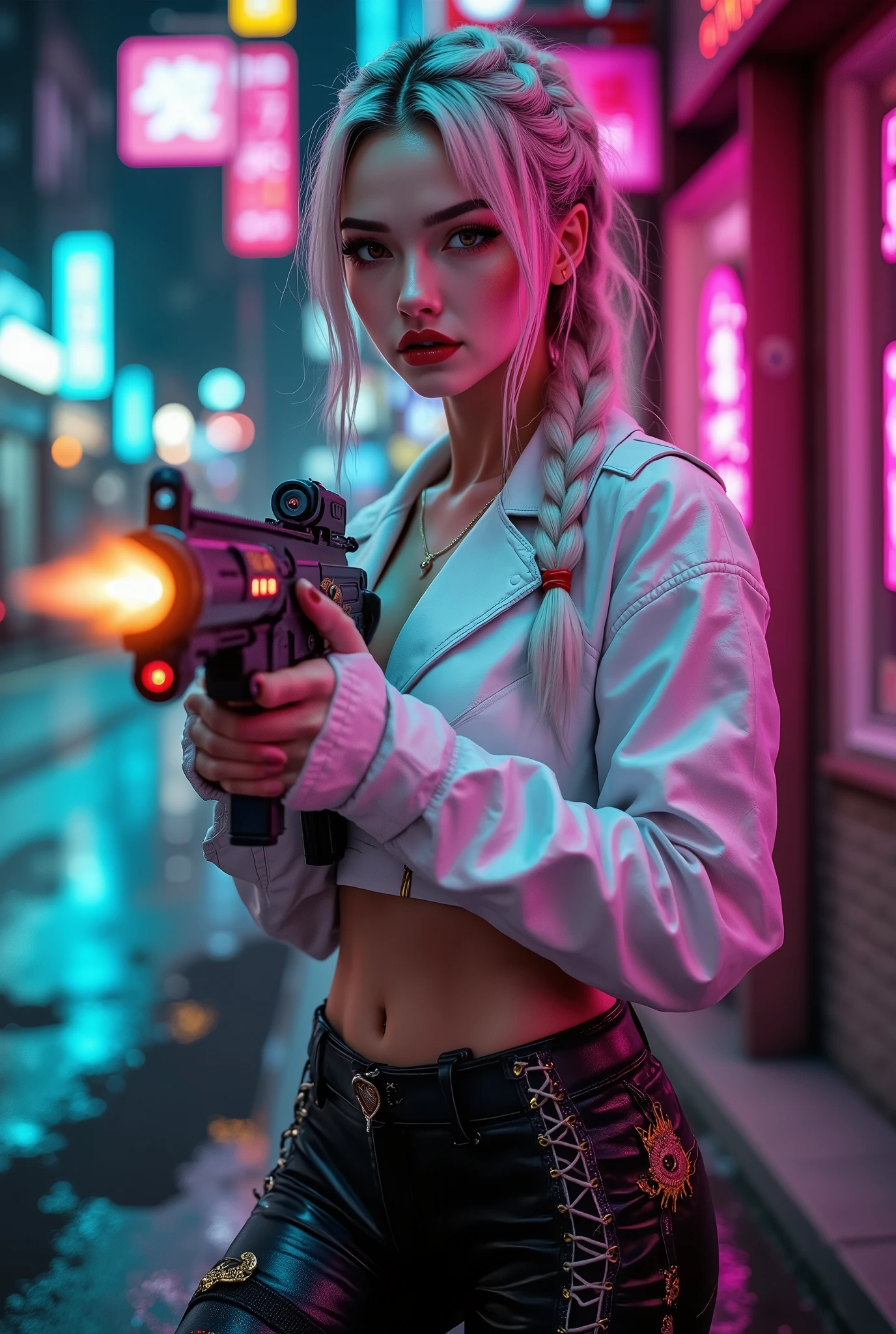  [Style: "Photorealistic, cinematic, cyberpunk"] (Key Directive: "Prioritize anatomical accuracy and material textures") { Character: "20-year-old Caucasian woman" | Face: "symmetrical, pale skin, full lips, red lipstick:1.15" | Eyes: "brown irises (hyper-detailed pupils:1.2), blue false lashes:1.18" | Hair: "white waist-length braid (neon light reflections:0.8)" | Pose: "dynamic walking stance, hips slightly tilted, machine gun gripped mid-action" Attire: [Top: "white leather crop top (wrinkled texture, sweat sheen:0.6)"] [Bottom: "black leather pants (lace-up sides, knee reinforcements)"] Weapon: "Custom M16A4 (StatTrak™ module)" | M16A4 side Engraving : "Japanese dragon (red/gold paint:1.3, glowing eyes:0.9)" | Display: "(side-mounted counter (red LED '589'))" | Attachments: - "Underbarrel flamethrower ((aim and shoot:1.5) (active, orange/blue flames:0.5, white/yellow flash:0.5))" - "Green laser sight (beam visible in airborne dust)" Environment: "Tokyo backstreet at night (rain-slick asphalt, neon signage in Japanese)" | Lighting: - "Cinematic neon wash (pink/cyan dominance)" - "aim into the distance and shoot'' - ''Muzzle flash from rifle (temporarily illuminates face)" - "Rim light from streetlamps:0.7" Technical Specs: (DOF: "shallow, f/1.8, blurred crowd in background") (Post-Processing: "motion blur on swinging braid, chromatic aberration:0.5") (Render Engine: "Unreal Engine 5 path tracing, 16K texture maps") }