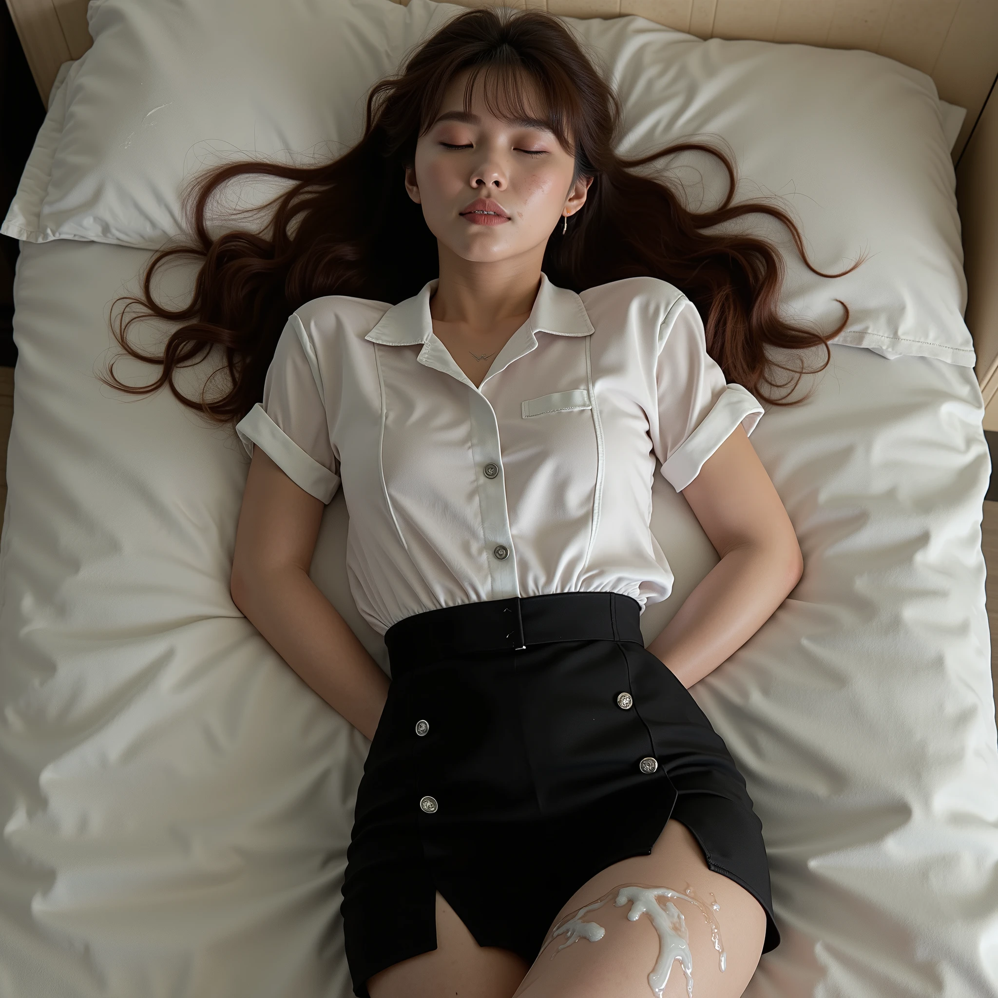 a beautiful Japanese woman is laying on the bed, long spread brown hair, natural bang, she is wearing Thai university costume with small tight short sleeve white shirt with silver buttons, black tight short Low-waisted business skirt, brown belt, silver belt buckle, white panties, she is sleeping and unconsciousness, both hand behind her back, cum on her face, a lot of cum on skirt and thighs, photorealistic, hyperrealism,