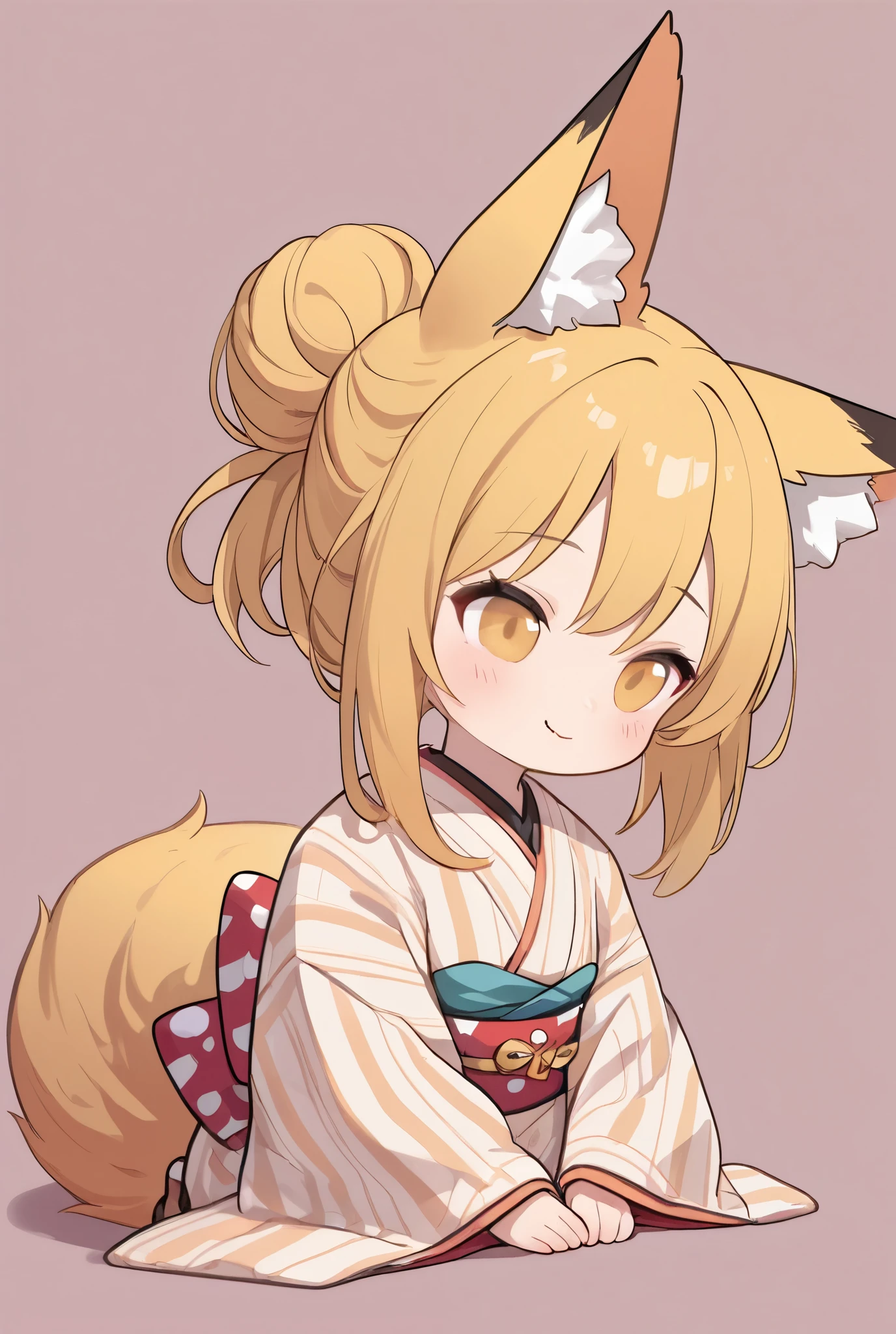 masterpiece, best quality, ultra high res, absurdres, ultra detailed, 8K, ultra highres: 1.2),8k, ultra detailed ,(very aesthetic,best illustration),(((cute illustration))),flat color, (((5chibi girl)),(((fox ear))),fox tail,cute smile,round face,gold hair,pastelcollar kimono,short torso,Lie down,rolling,biting into aburaage,Japanese shrines,simple background,