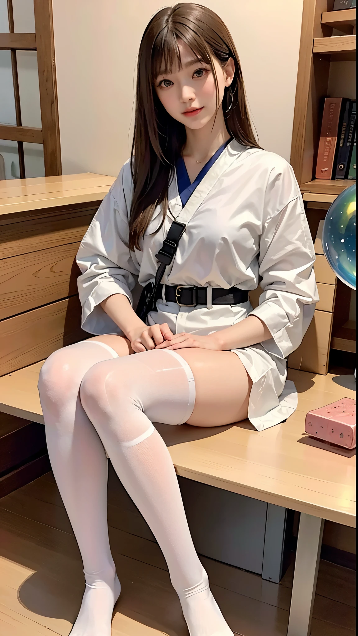 (A woman wearing a white coat and a black tight skirt:1.4))、((is standing:1.2))、cute smile face:1.1、((top-quality,8K、masterpiece:1.3))、Crisp focus:1.2、Oiled shiny skin、Professional Writing、(((Spread your legs apart)))、(((Close up of white panties)))、((Leg up:1.1))、((From below:1.4)))