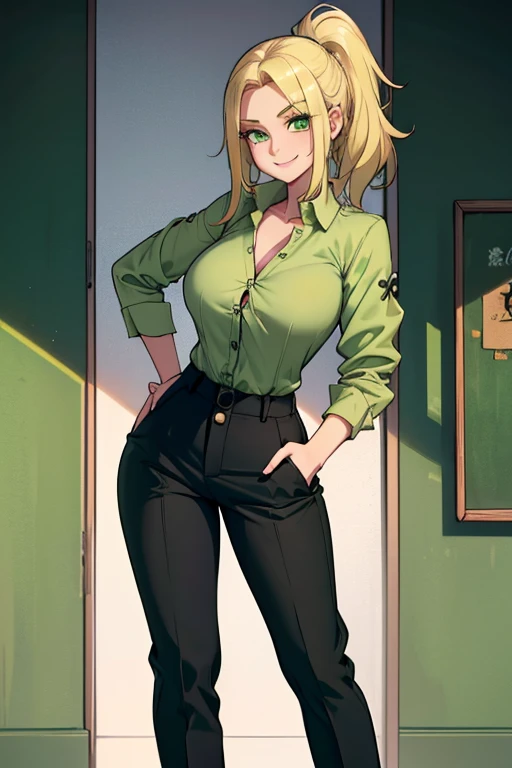 Muscular woman, with spiky green hair, white eyes, wearing a gym outfit, Kale Dragonball super, legendary super saiyan, green, with an erect penis volume showing on the clothes, Holding a glass full of Of a thick milk