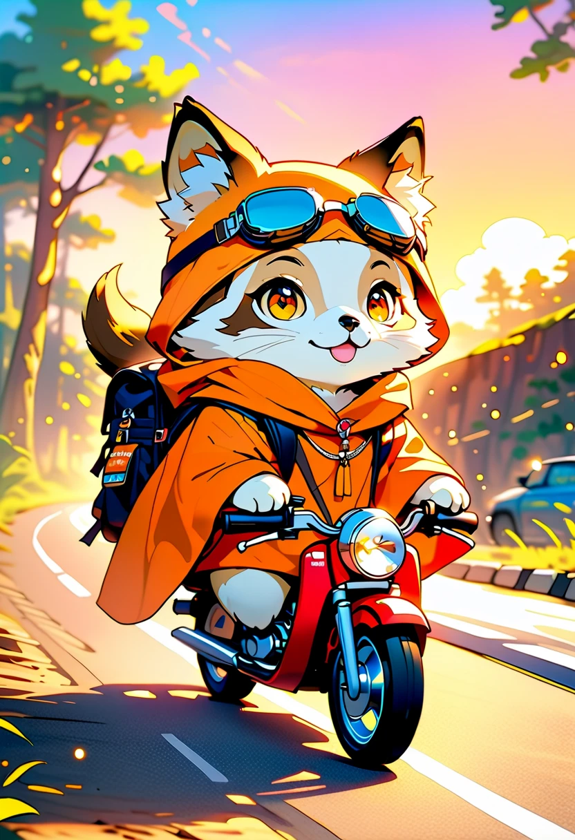  high detail on the face, Anime Illustration Style,  masterpiece,  Ultra Definition ,  bright color, Pop Style, (((Cute Animals Road Trip))),Fox and Raccoon , goggles, poncho, Backpack,  in the sunset ,   Bike ,  the way , Deformed Characters , Chibi Character Style,  anime style,  fantasy