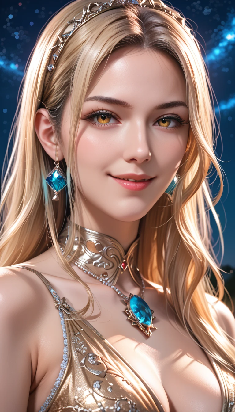 ((best quality)), ((artwork)), ((extremely detailed face)), ((perfect lighting)), ((extremely detailed CG)), ((perfect hands, perfect anatomy)), Sex/Gender= Female
Aliases= Dawnstar, Your Grace, Princess
Age= 20
Pronouns= Her/She
((Hair= Light Blonde, quite long, abundant))
((Eyes= Jewel Blue))
Features= Lean, curvy, ((ligh skin)) , younger , exceedingly beautiful, delicate features, full lips
Height= 5'5"
Clothing= Long sleeveless white dress greek style, wide gold necklace around her body to the waist.]