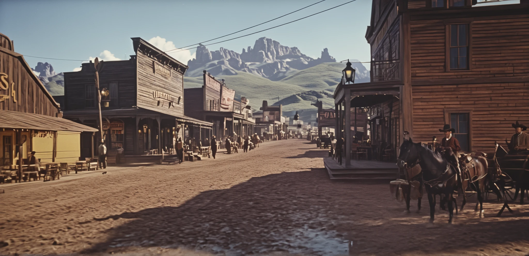 a western town, 1950's super panavision 70 movie, 4k detailed, old movie, realism, ultra realistic, retro in color, grainy film, western, bokeh, rich and saturated colors, dramatic lighting