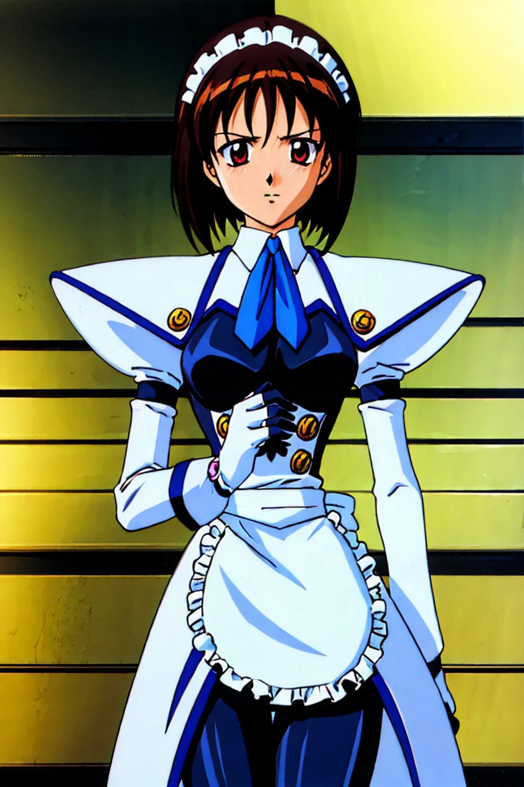 masterpiece,highest quality,Super detailed,32K,High resolution,an extremely delicate and beautiful,Official Art,Perfect Anatomy,(solo:1.5), Contrasting colors,octane rendering,Fully painted,anime coloring,anime screencap,Cel-shaded anime,retro artstyle,1990s \(style\),90s anime,90s anime style, perfect face,ultradeTailed eyes,beautiful,sexy,supermodel,athletic body,shiny skin,Dramatic light,(scale to fit the dimensions:1.2),
koutetu_tenshi_saki,battle_costume,apron,gloves,short hair, maid, maid headdress, bangs, breasts, necktie, waist apron, puffy sleeves,red eyes,, white gloves, dress, long sleeves, elbow gloves, 1990s (style), frills, ascot, blue necktie,white apron,medium breasts,black_pantyhose