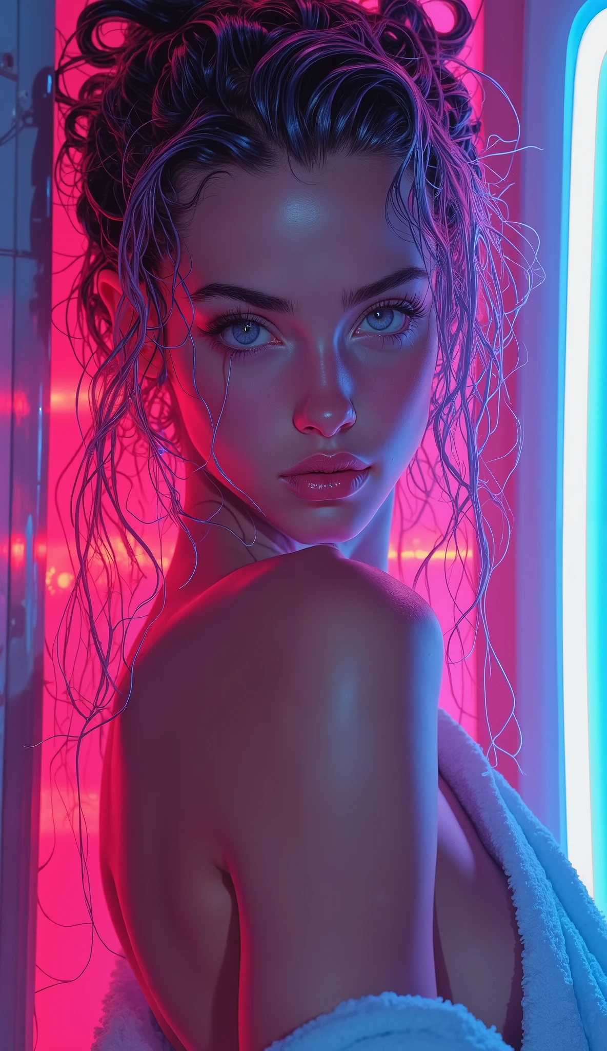 masterpiece, best quality, good quality, very aesthetic, absurdres, newest, 8K, depth of field, focused subject,
a cyberpunk girl with glowing hair, long hair, dynamic angle, after shower, towel, at home, sci-fi, looking at viewer, seductive, gazing at viewer, surreal cyberpunk ambient, in the style of cknc, xxx667_illu,