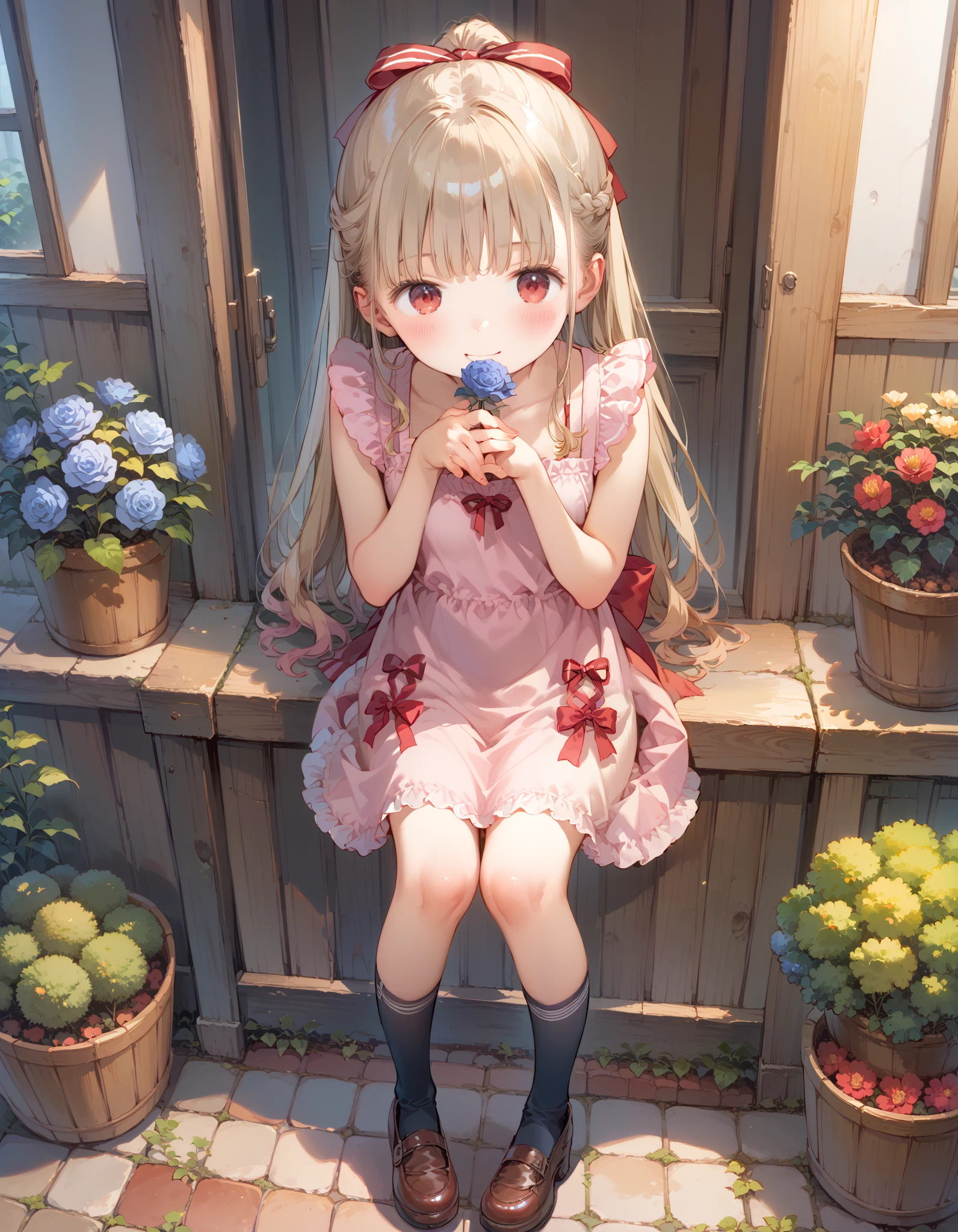 1 girl, young、 portrait photo , 、 from my mouth、 ponytail、 red eyes、Lower your eyes、 High athletic ability , Highly Exposing Naked Aprons, open、 pink apron、Naked with an apron, afternoon tea、 apron 、courtesy、standing with legs crossed、Bold thighs、 red knee 、 Black High Socks and Naked Aprons Adult Pictures、 Ribbon on shoes、 courtyard , blue rose garden 、 volumetric lighting, top quality, artwork, , tone mapping , Sharp Concentration, smile、Peaceful 、 hyper-detail, ArtStation trend , by Nomi,