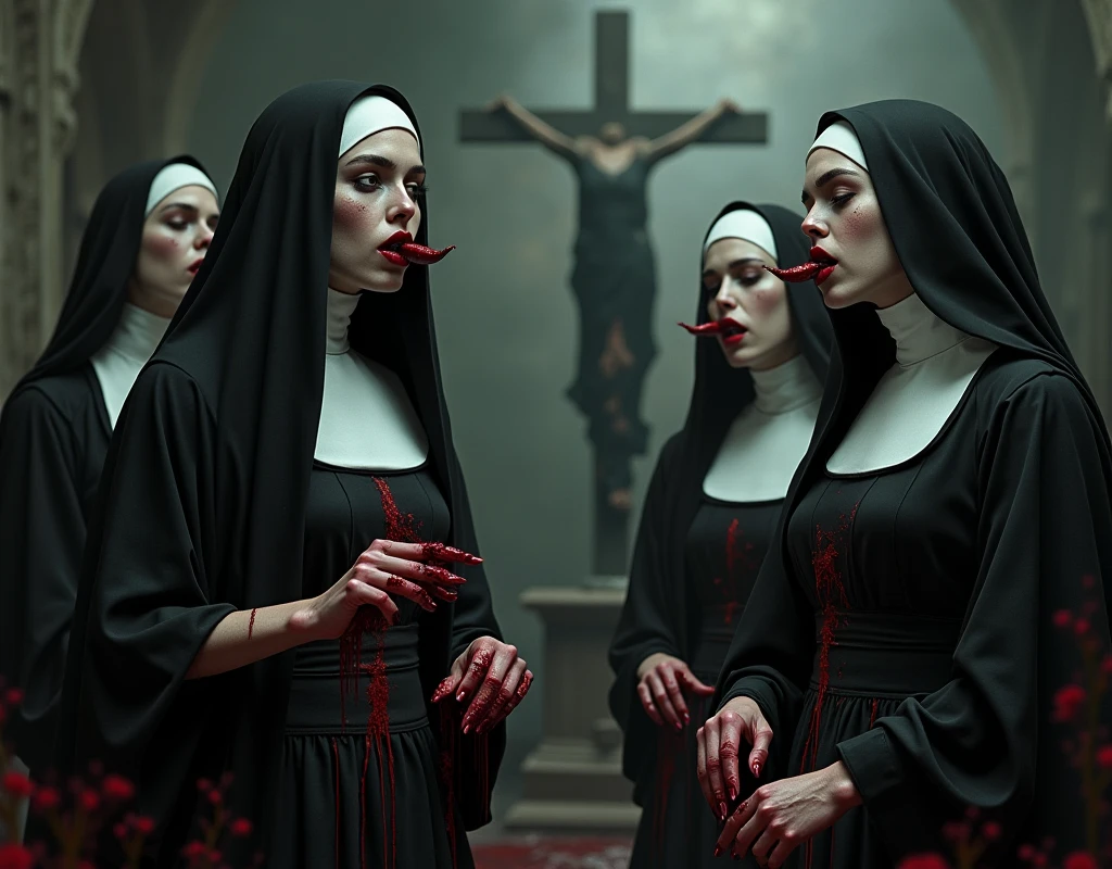 Satan performing oral sex on a hypersexualized possessed nun over a pentagram of blood and worms
