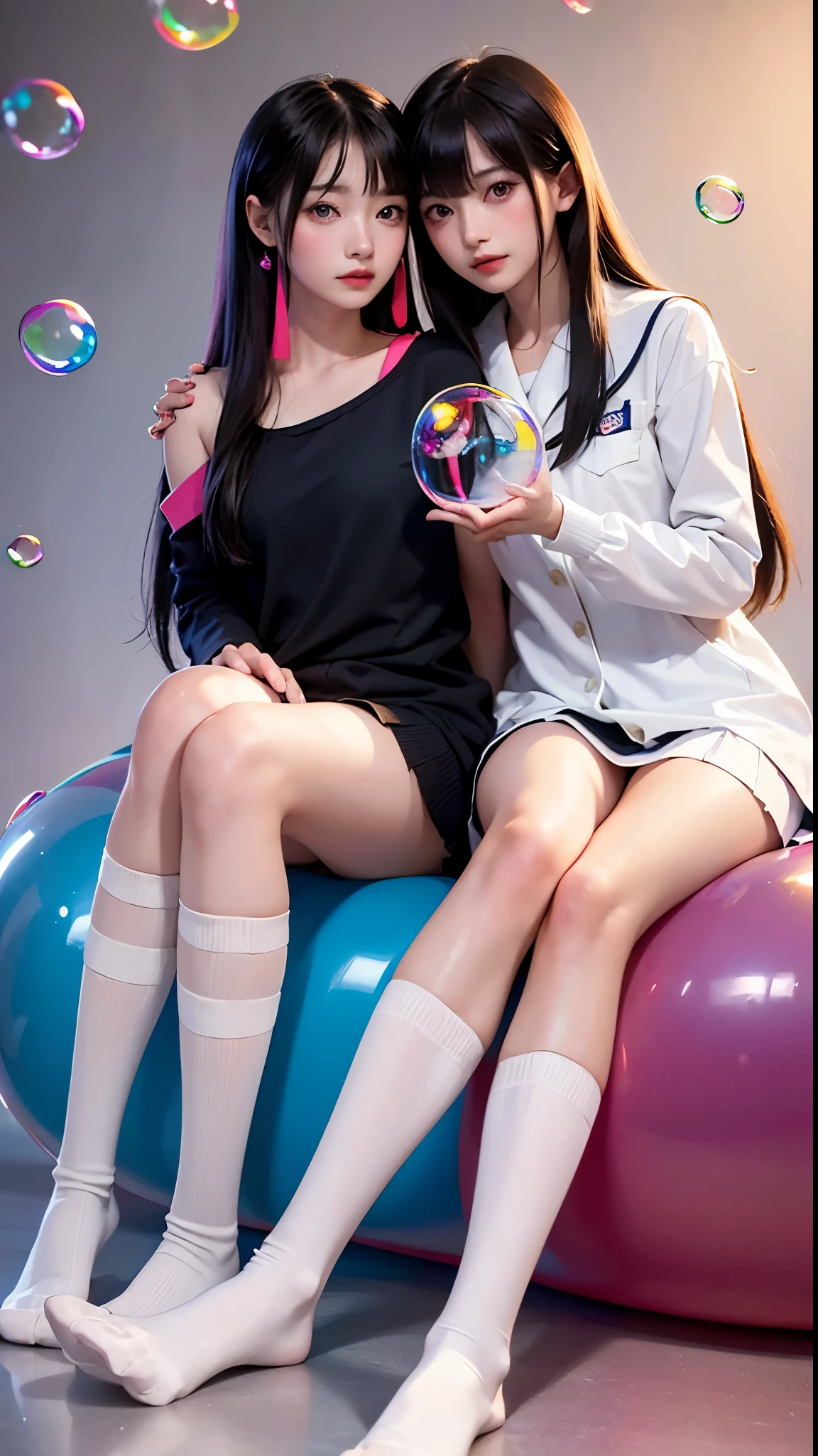 NSFW, gorgeous college professor with cute round face, long straight hair in loose bun, big round glasses, held with inflated black balloons, inside a giant pink inflatable lounge, angelic face, inflatable black balloon arm bands, inflatable bondage, long thick black rubber balloons, pink inflatables everywhere, pink and black color balloons, black balloon anklet, black balloon leg loops, black inflated collar, round face, balloon shibari
