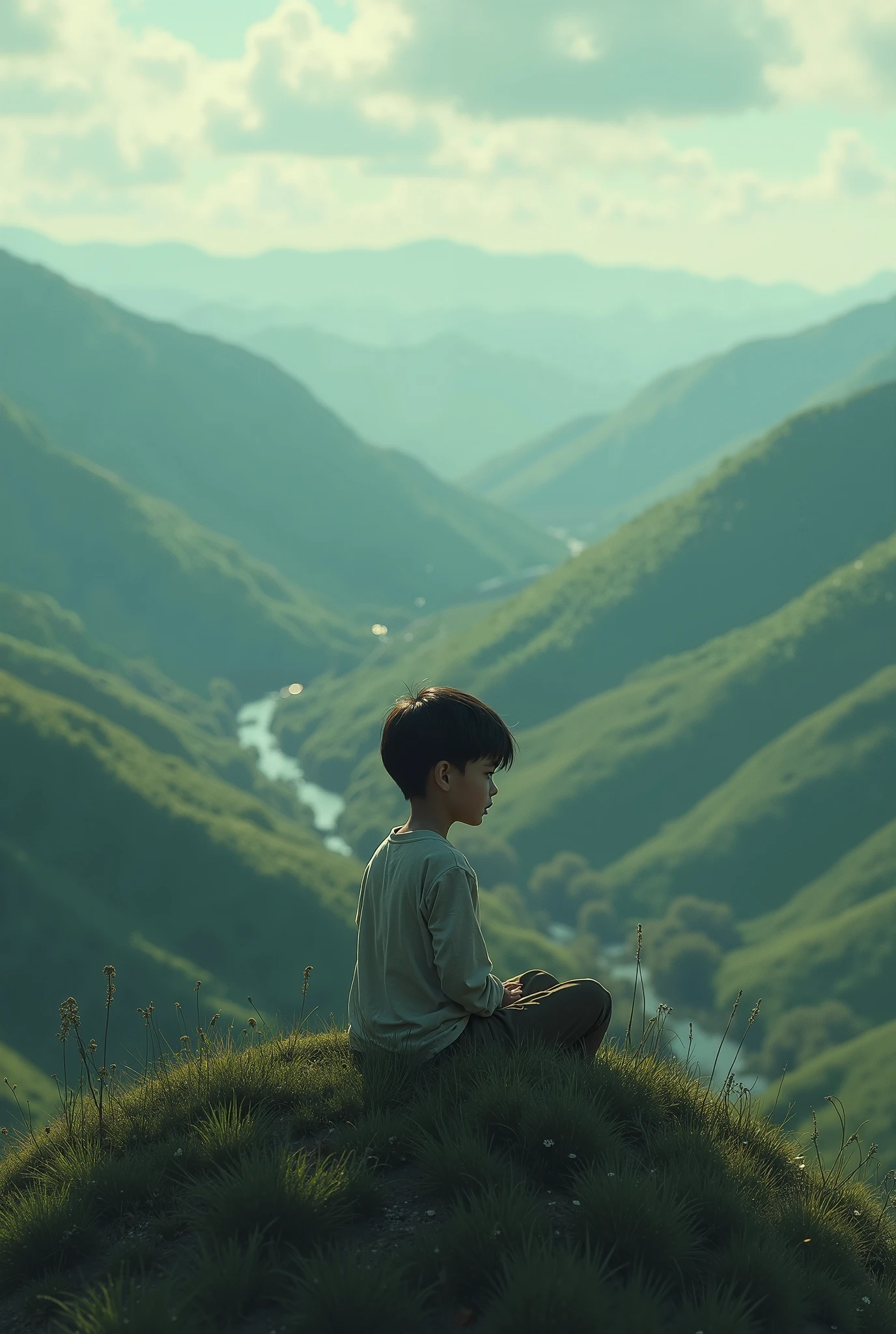 Young Odyssey(boy) watching the big yellowish orange sun which rises between two hills from a peaceful valley (potrait).