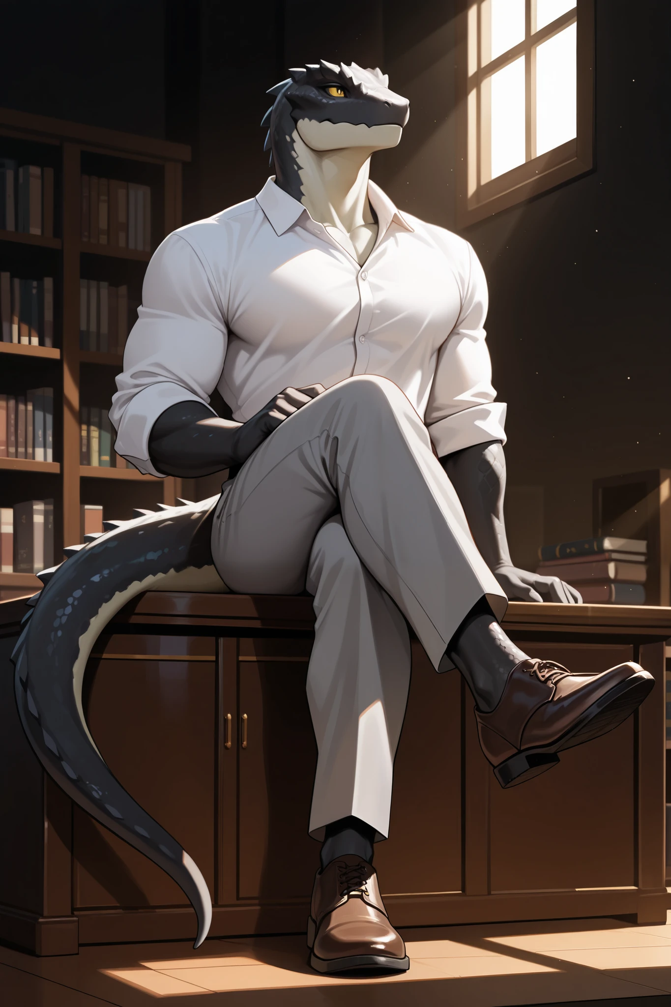 masterpiece, best quality, amazing quality, very aesthetic, high resolution, newest, hyper-detailed, 1boy, furry male, reptile boy, muscular male, yellow eyes, white shirt, grey pants, brown shoes, looking away, two-tone skin, grey skin, black skin, lizard tail, sitting on desk, crossed legs, office background, dusty shelf, bookshelf, highres, extremely detailed art, depth of field, (dark background, chiaroscuro:1.2), window, sunlight, sunbeam, (male focus, solo)