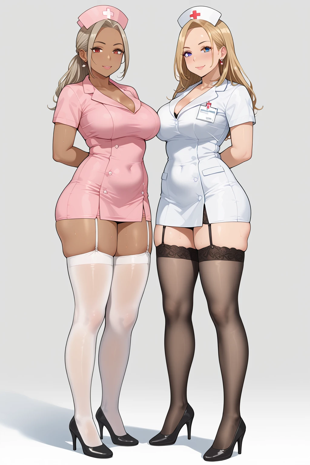((masterpiece)),(((best quality))),((character design sheet)),((rough sketch)),((vulgar)),thick thighs,african girl,blond hair,big ,((between breasts)),pussy juice,wearing an Wet sexual nurse uniforms and nurse cap,shirt harf lift,milking