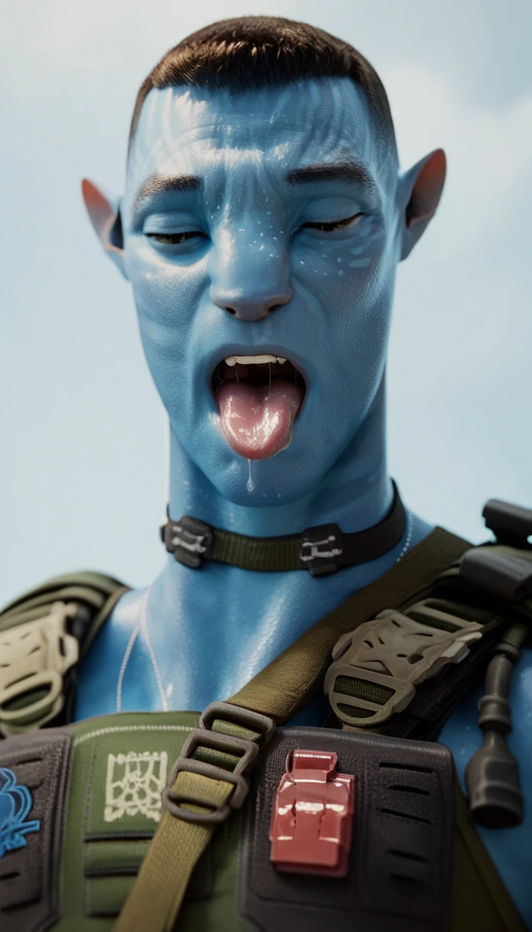 m1les,blue skin,1boy,solo,solo male, muscular,bottomless,looking at the viewver,close up,saliva string,pleasure face