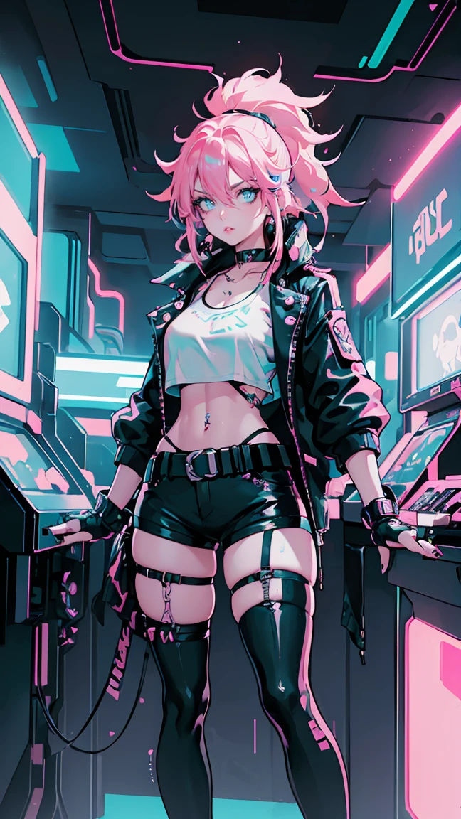 ultra realista 8k CG, master part, 1girl, pink hair, cute face, cyber punk outfit