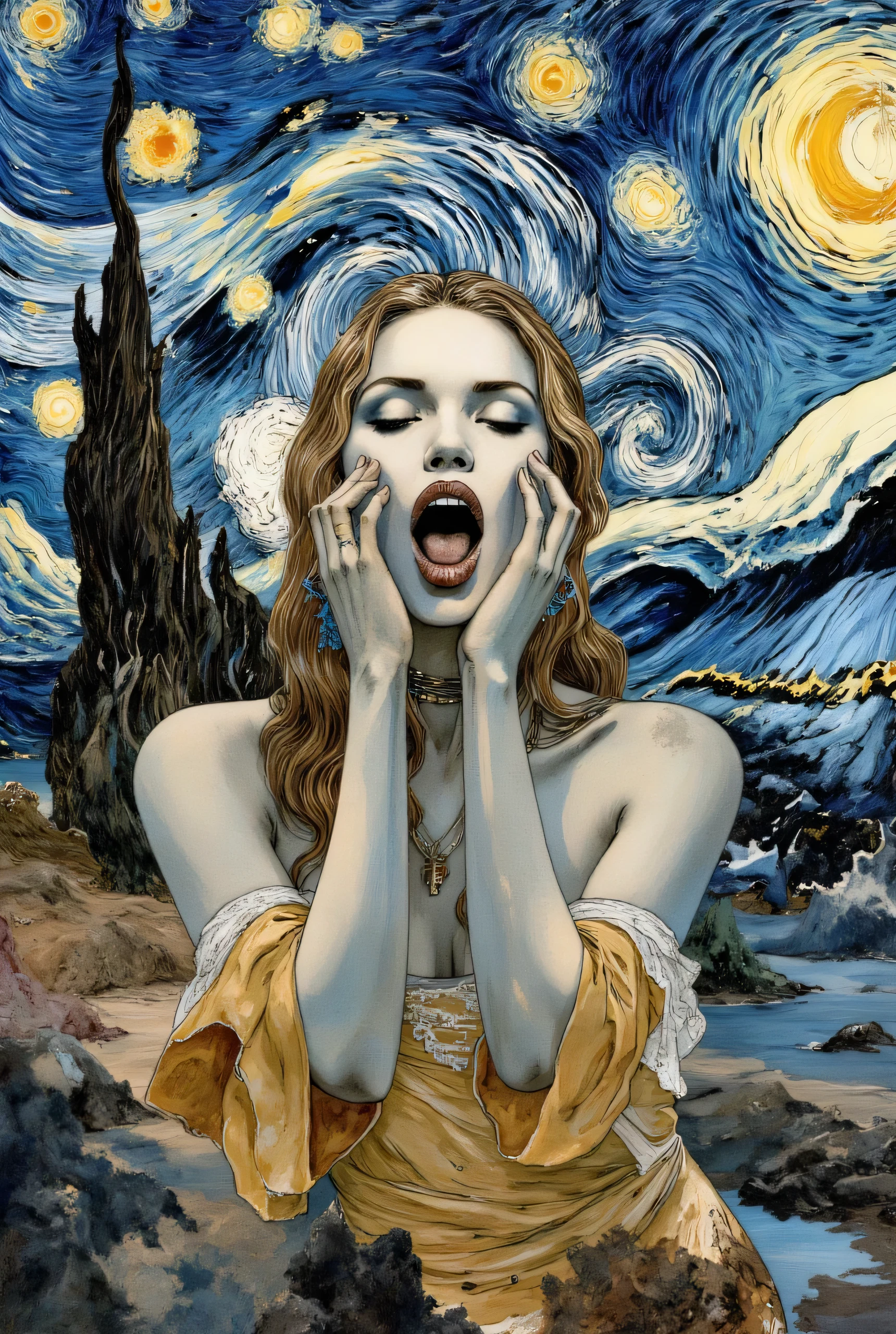 "\"3D relief This is a very detailed image of Van Gogh's "Starry Night", but with a slight twist. The painting shows a beautiful woman with screaming expression. With her hands on her face, her mouth is in an O shape, her eyes are empty, her soul seems to be drained out, and her whole body is in an S shape, just like water plants floating in the water. Bright blue and yellow colors are swirling in the surreal night sky, echoing the iconic post-impressionist style.