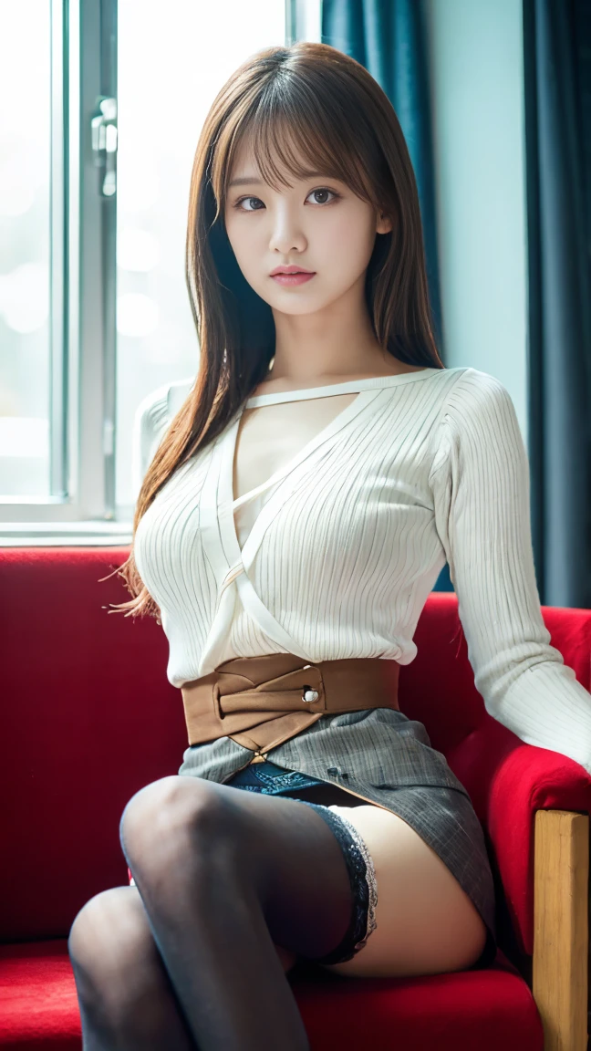 (RAW photo) girl in blouse and skirt, and long stockings, (medium breasts), medium long hair, white underwear, random color, long sweater, Depth of bounds written, real light, ray tracing, OC renderer, UE5 renderer, surreal, best quality, 8K, ((fine hands)), correct anatomy.