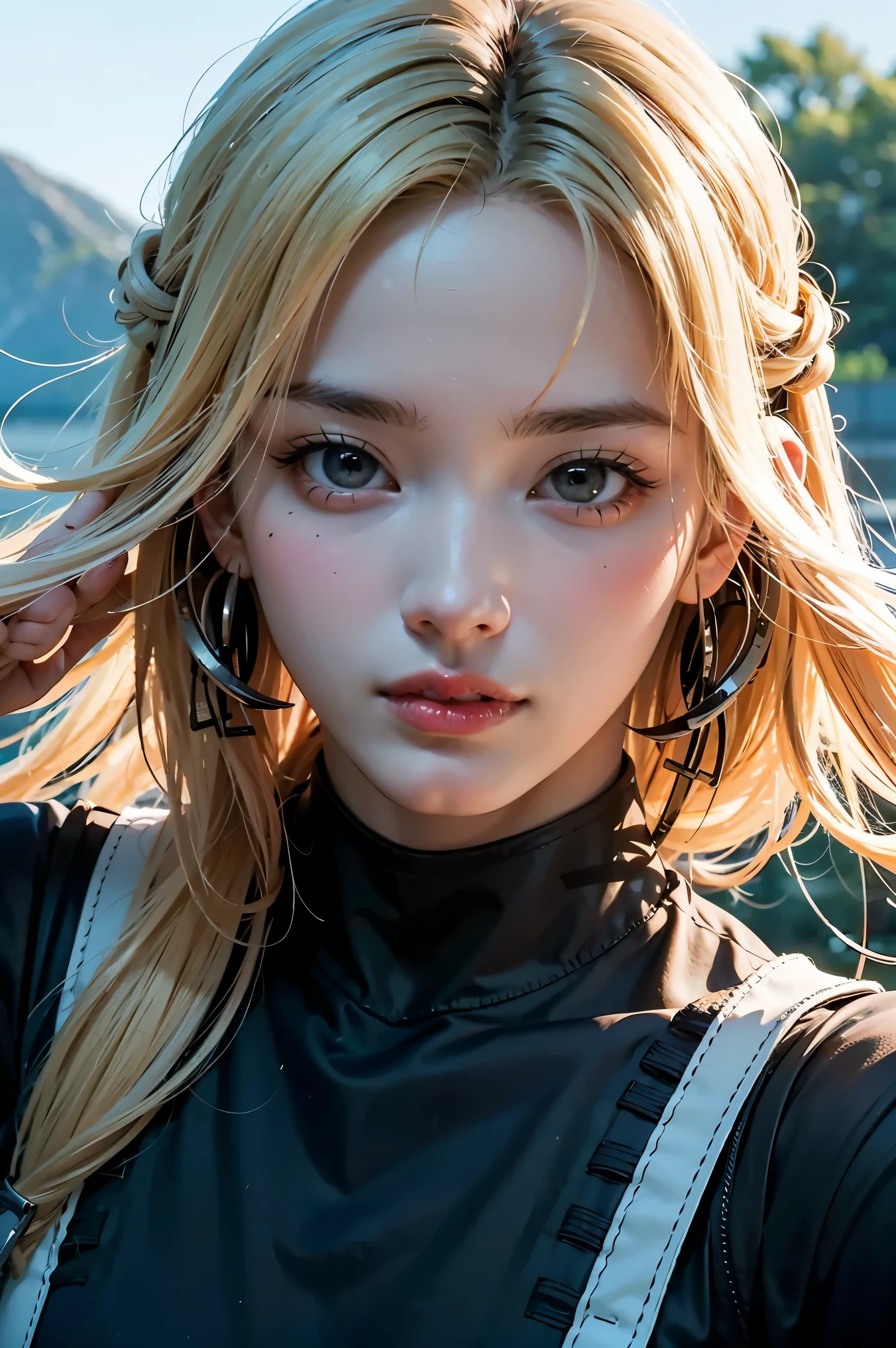 high quality,painting,realistic,portrait,Naruto woman,beautiful detailed eyes,beautiful detailed lips,flowing blonde hair,headband,vibrant colors,strong and confident expression,leaf village symbol,hidden village,traditional ninja attire,daring pose,fierce determination,peaceful backdrop,sunshine lighting,anime style,stylized background,action-packed scene,energetic brushstrokes,vivid emotions,strong personality,heroic,leader,legendary,inspiring,unyielding spirit,deep connection with nature,dynamic composition,sharp details,ninja skills,hidden power,ultimate ninja technique,arcs and spirals,sense of movement,loyal friends,unbreakable bonds,masterful shading,texture and depth,powerful impact,memorable artwork.