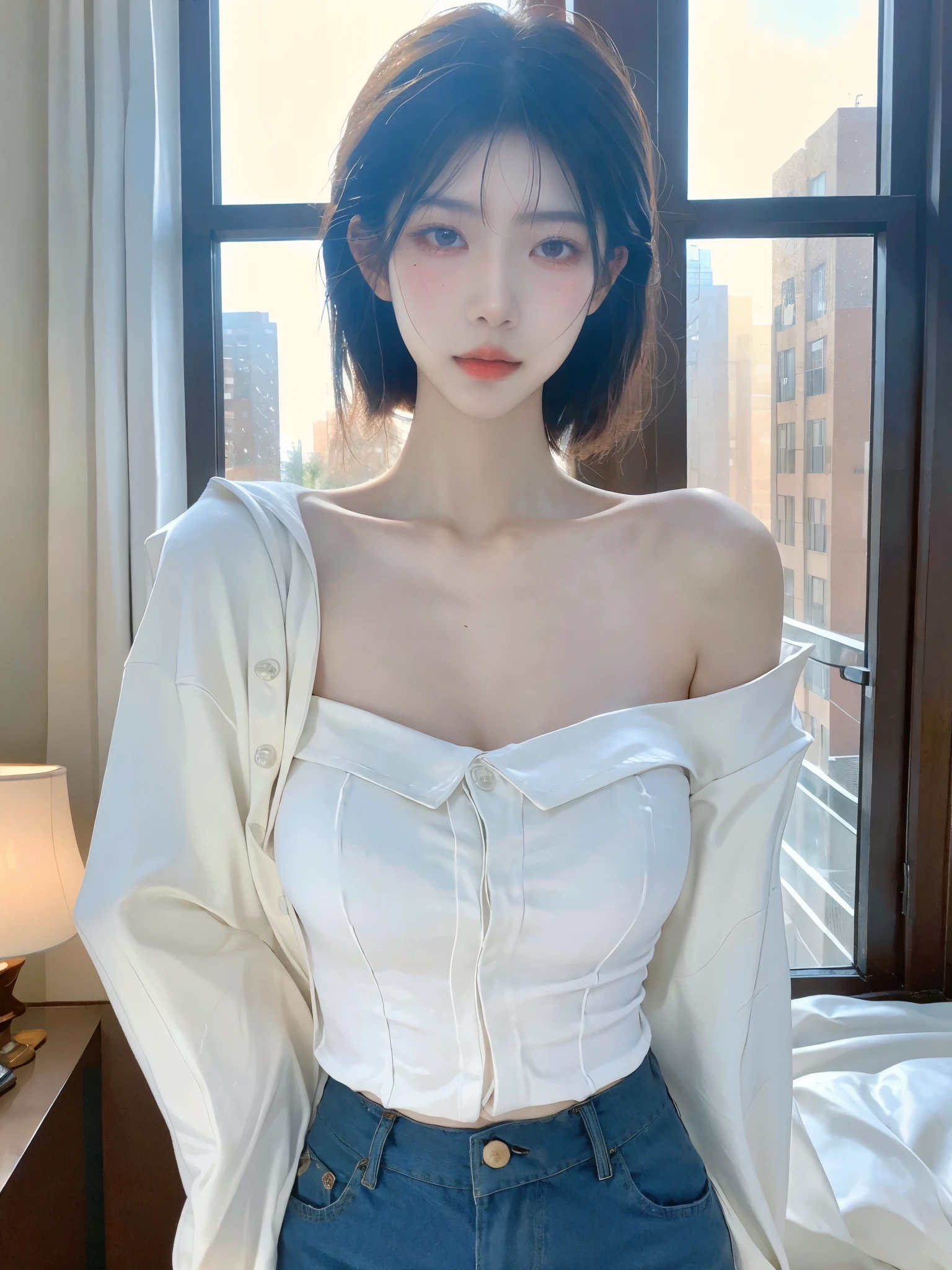 (Best quality, High resolution, Masterpiece :1.3), A tall and pretty woman, Slender abs, Dark brown hair styled in loose waves, Breasts, Wearing pendant, White button up shirt, Belt, Black skirt, (Modern architecture in background), Details exquisitely rendered in the face and skin texture, Detailed eyes, Double eyelid,Upper body naked,Pussy,Nipples,Pull up your hair,Ecstatic expression,topless,masterpiece, best quality, 1 girl, solo, large breasts, blue chinesedress, dark purple eyes, forehead, purple hair, messy hair, shy, standing, (show off pussy:1.3), nipples, nsfw, (Beijing:1.2)vaginal,sextopless,cum in pussy