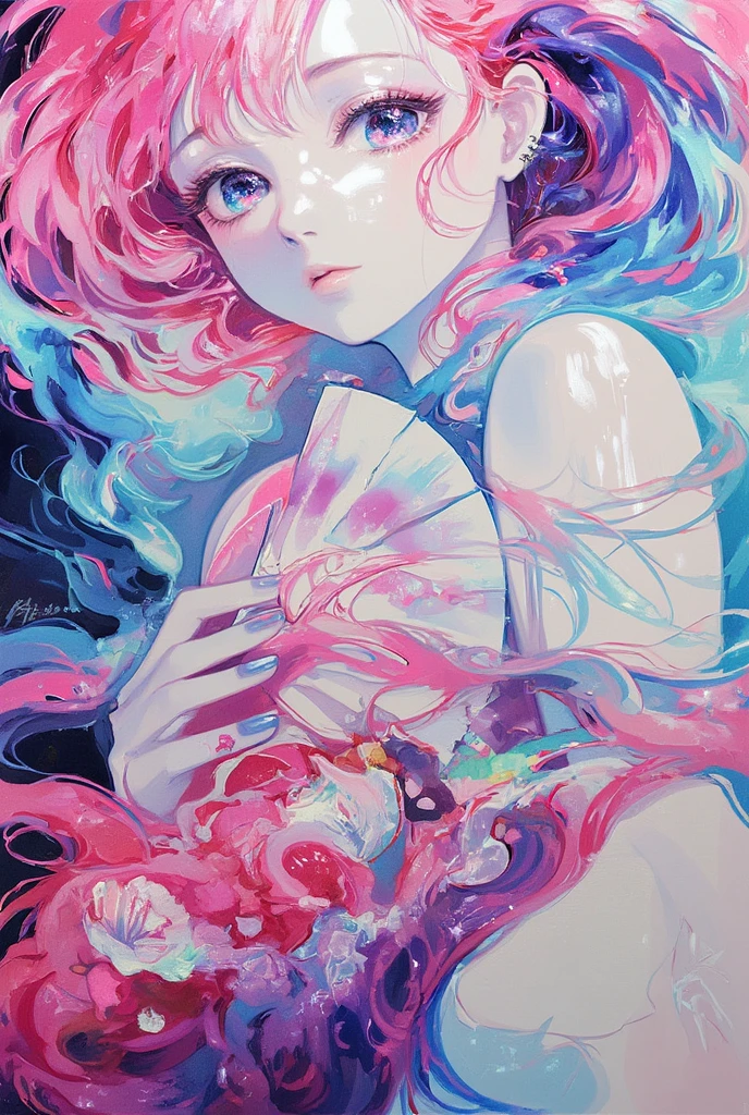 (flat-colors:1.4)、(colourfull:1.8)、(masuter piece:1.2)、top-quality、masterpiece、Original、highly detailed wallpaper、Melody Mark,top-quality、masutepiece、1womanl、独奏、(abstract art:1.4),(Psychedelia Theme:1.6),(Gunjo World:1.5),(Snow World:1.5),(Winter World:1.5),(At the center of the world is the most beautiful woman in the world),(many stars are falling:1.3),A ray of light spreads,Crystals spreading from the center,prisma(Nostalgic landscapes:1.5),(colorful flower:1.3),Garden Girl,gentle sunlight,Soft breeze,Delicate flowers,A rainbow-colored butterfly flaps its wings,Mesmerizing natural beauty,Fragments of Shining Stars, krystal,