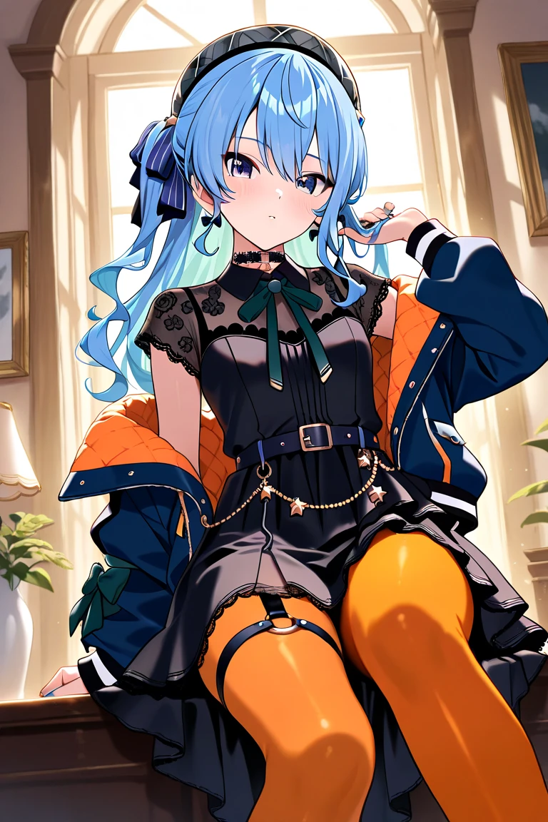 Masterpiece, best quality,one girl, Hoshimachi Suisei, long hair, half updo, black beret, black dress, collared dress, bow earrings, lace choker, neck ribbon, black belt, orange pantyhose, o-ring thigh strap, single garter strap, two sided jacket, off shoulder