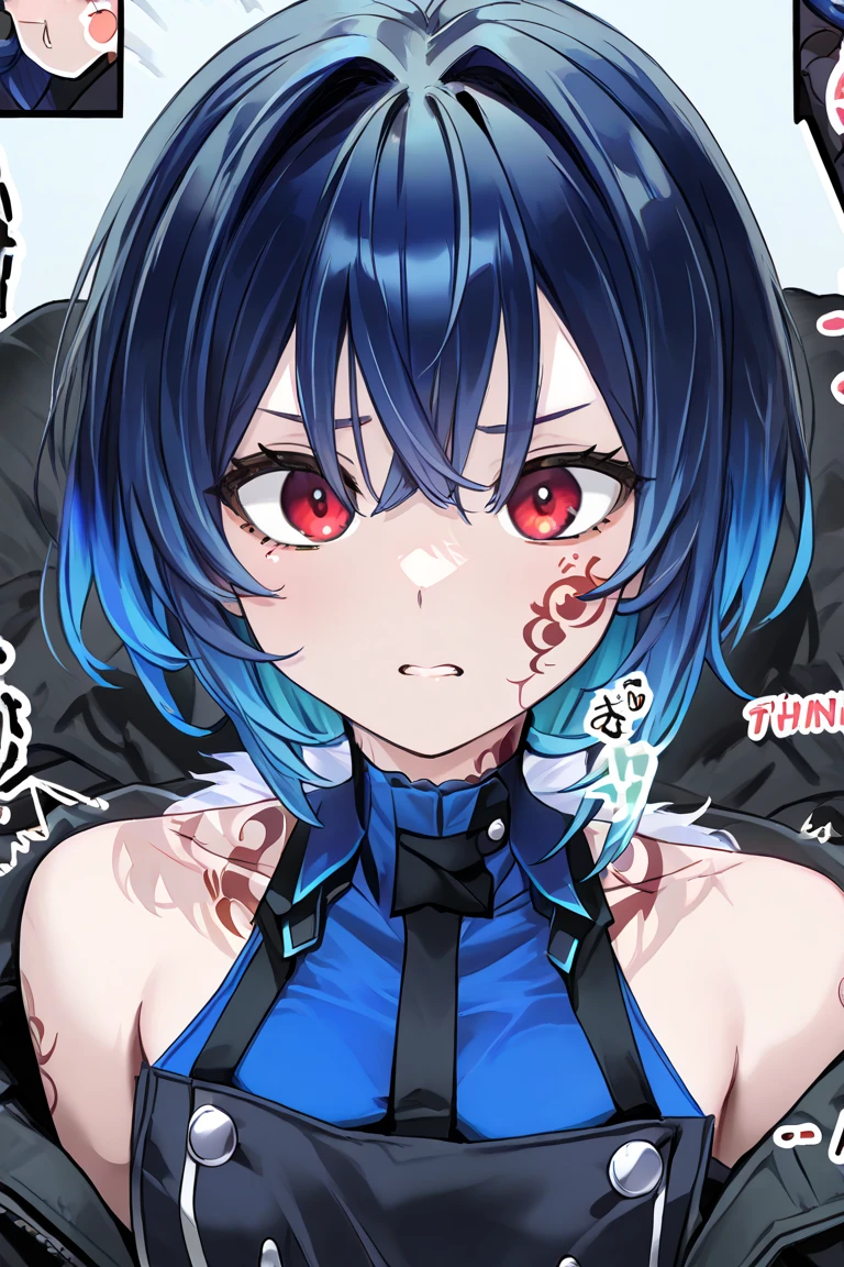 ((1boy)), (Boy Messy Japanese Round Haircut for Thick Hair), (blue nails), (blue hair), black shorts, ((solo)), (magazine:1.3), (cover-style:1.3), simple background, hair ornament, blue hair, rabbit ears, playboy bunny, bangs, leotard, blue eyes, x hair ornament, detached collar score_9, score_8_up, score_7_up, best quality, masterpiece, 4k, perfect lighting, very aesthetic, GOTH GIRL, (red pupils with X shape:1), x-shaped pupils, Ultra-detail,(highres:1.1),best quality,(masterpiece:1.2), cinematic lighting, (detailed face and eyes:1.2),