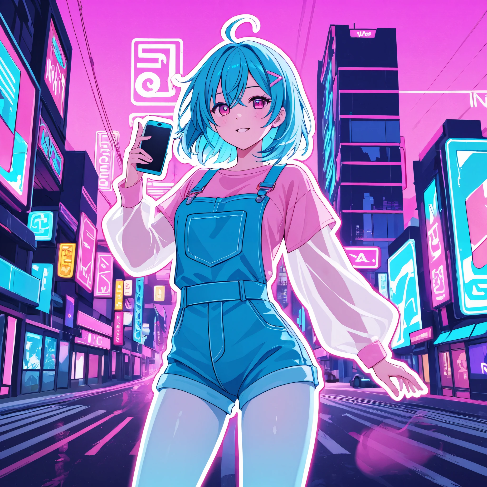 Drifting through a neon-colored cityscape、a girl with a transparent silhouette dancing。smartphone radio waves become light effects、swaying like a ghost。with an overall synthwave style color palette、futuristic and playful design。」